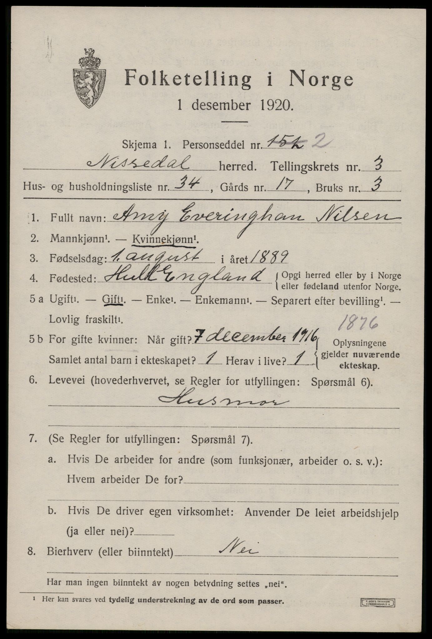 SAKO, 1920 census for Nissedal, 1920, p. 1799