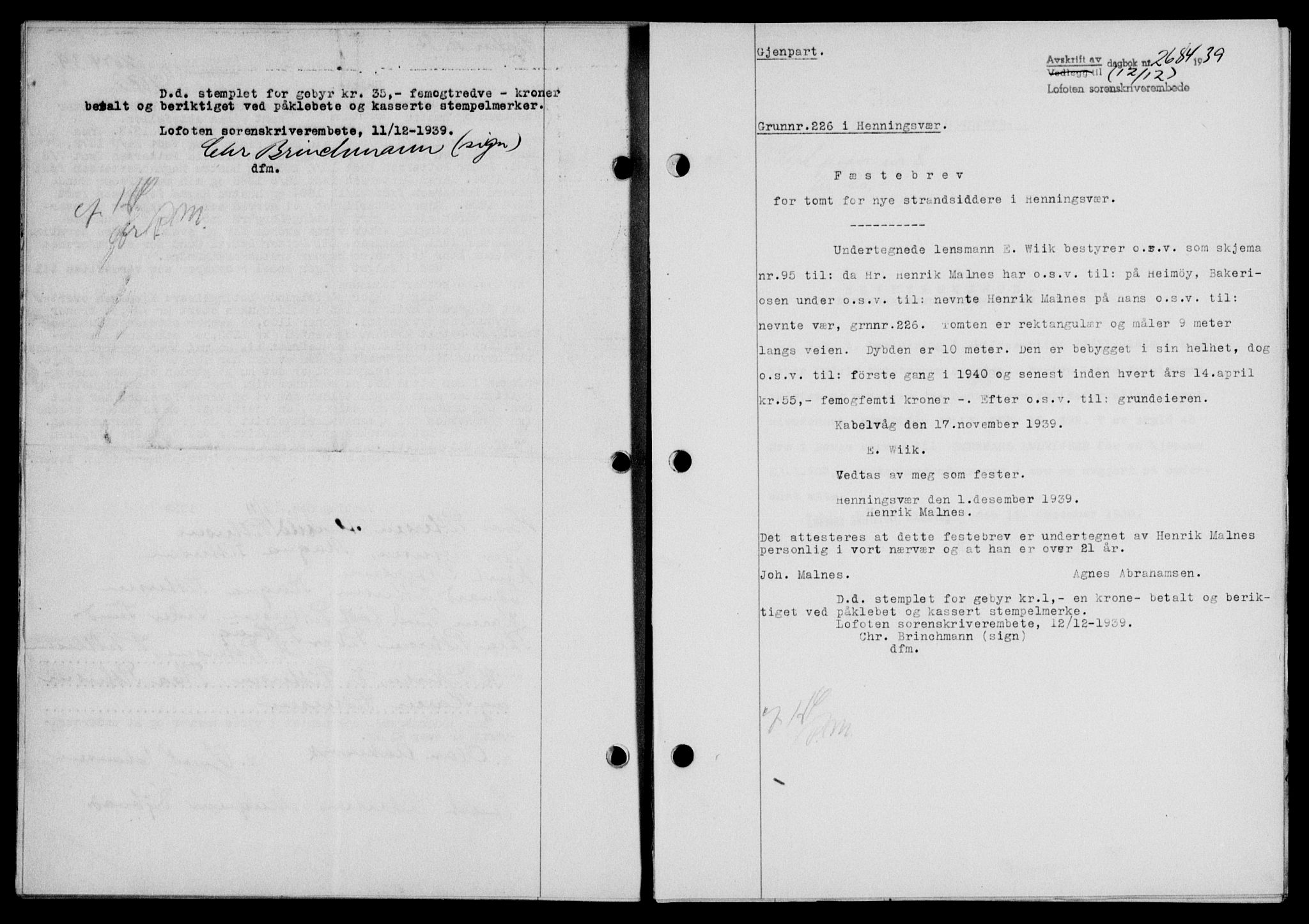 Lofoten sorenskriveri, SAT/A-0017/1/2/2C/L0007a: Mortgage book no. 7a, 1939-1940, Diary no: : 2684/1939
