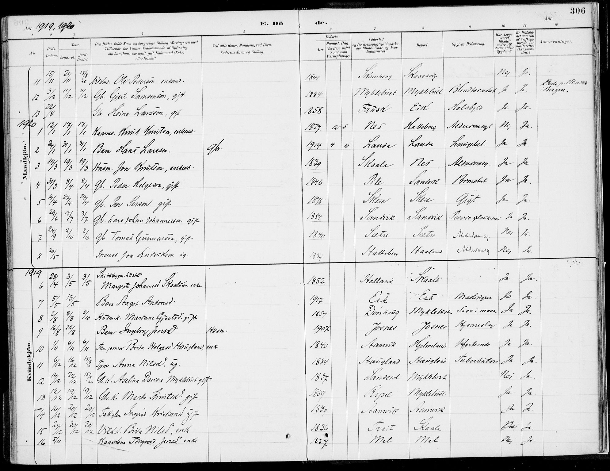 Kvinnherad sokneprestembete, SAB/A-76401/H/Haa: Parish register (official) no. B  1, 1887-1921, p. 306