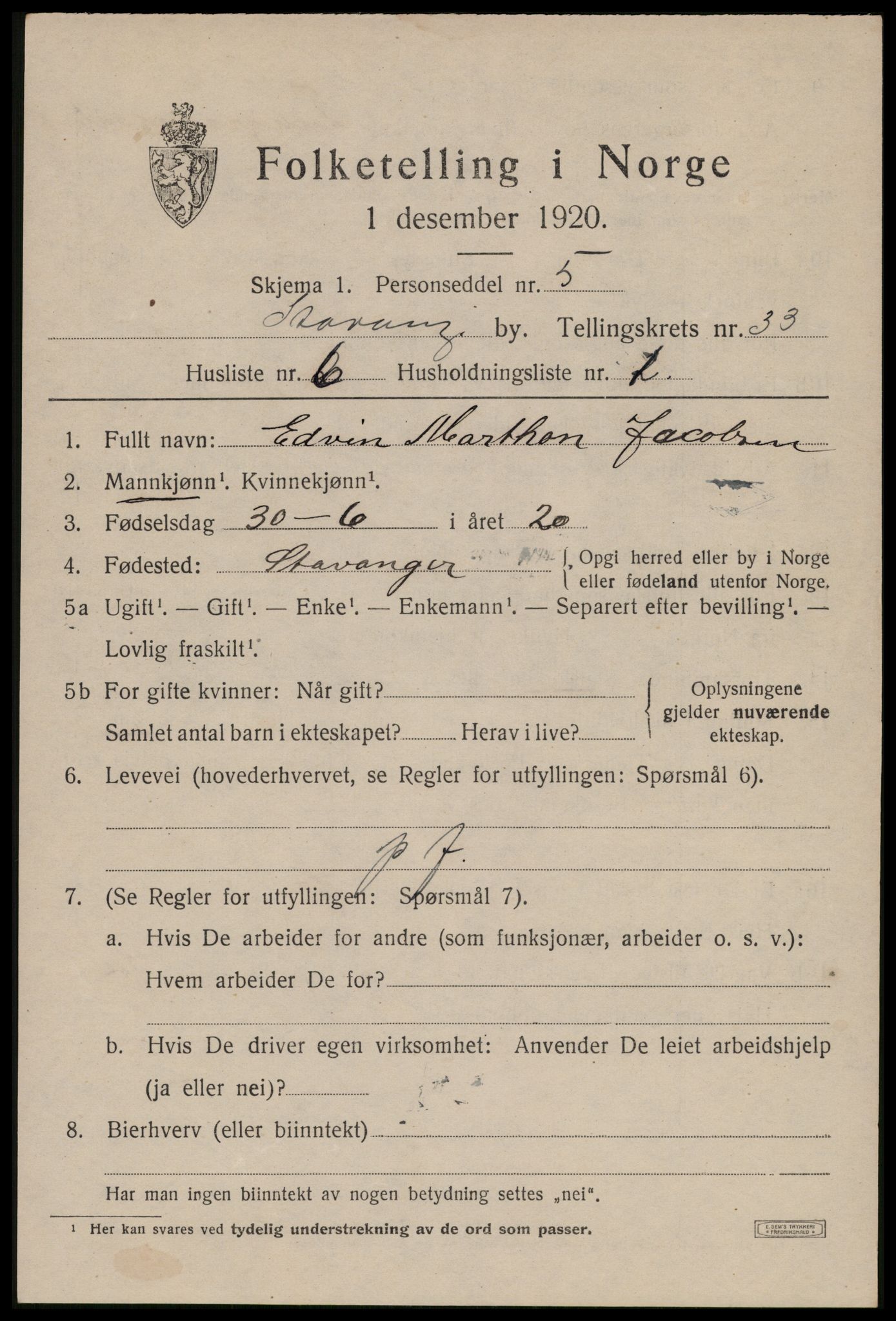 SAST, 1920 census for Stavanger, 1920, p. 90774