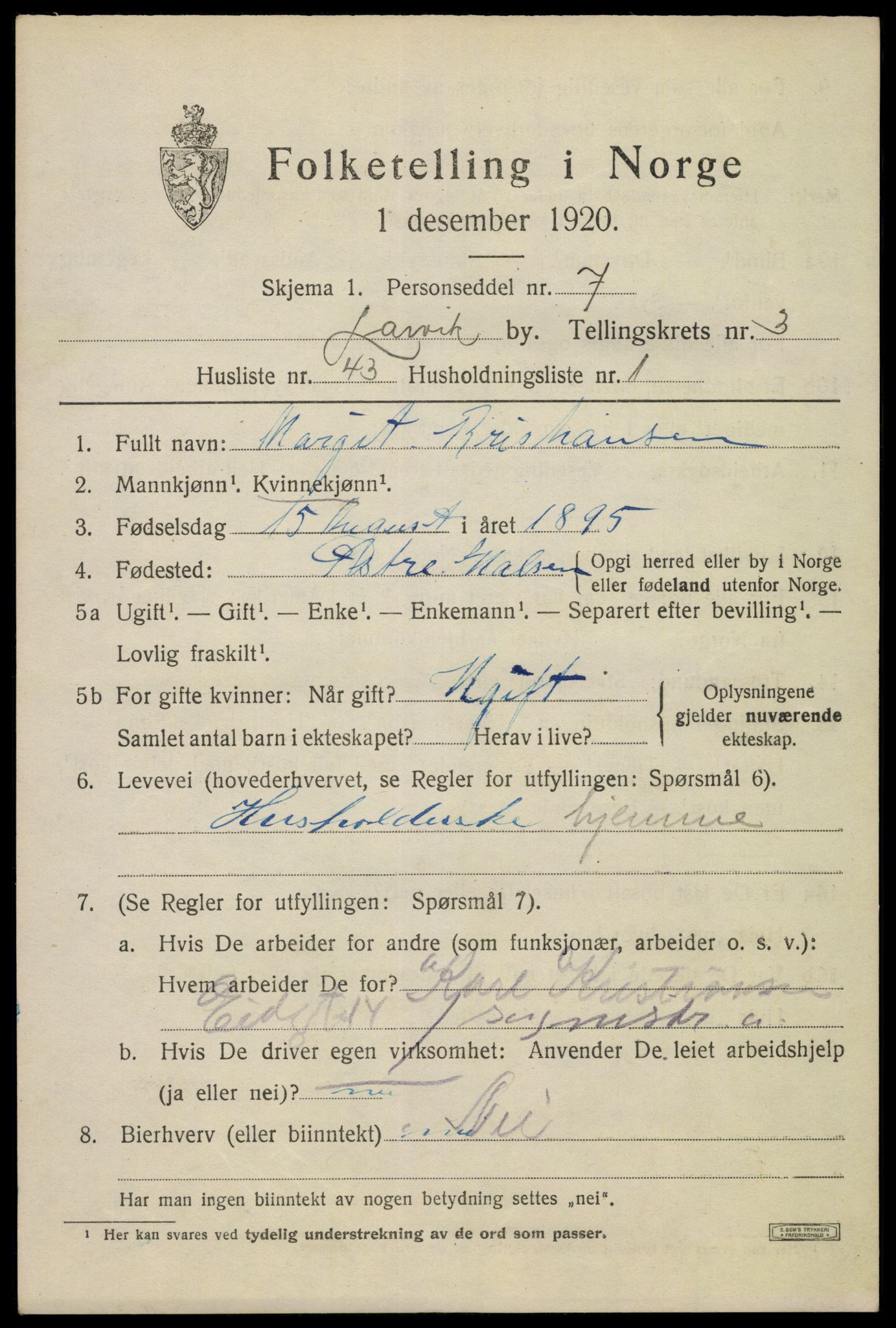 SAKO, 1920 census for Larvik, 1920, p. 13002