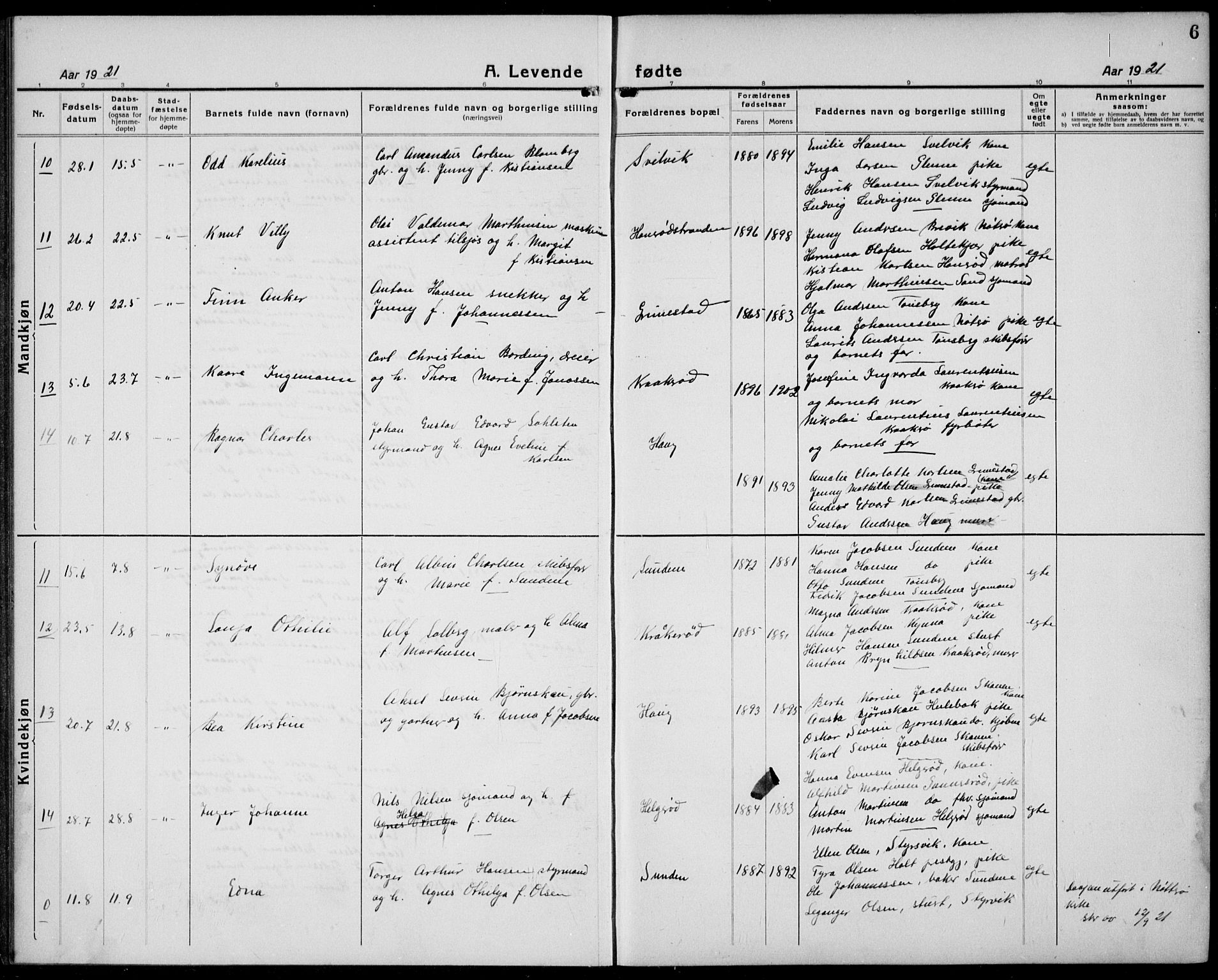 Tjøme kirkebøker, AV/SAKO-A-328/G/Ga/L0003: Parish register (copy) no. I 3, 1921-1935, p. 6