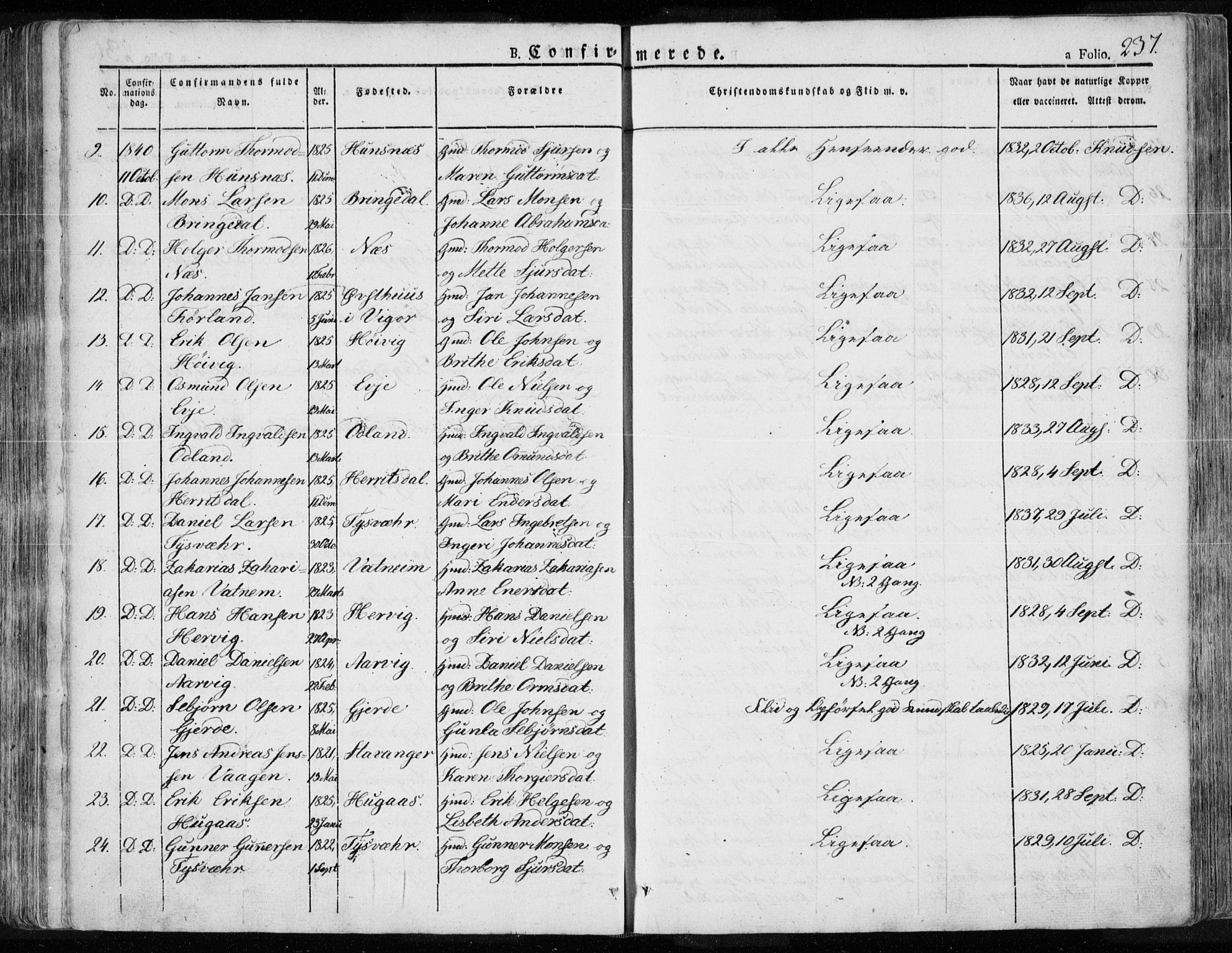 Tysvær sokneprestkontor, AV/SAST-A -101864/H/Ha/Haa/L0001: Parish register (official) no. A 1.1, 1831-1856, p. 237