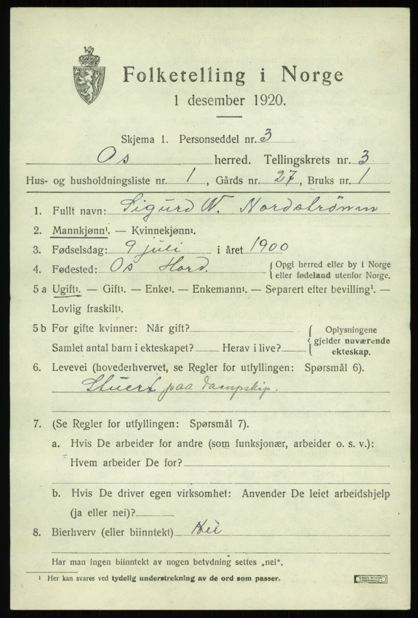 SAB, 1920 census for Os, 1920, p. 2588