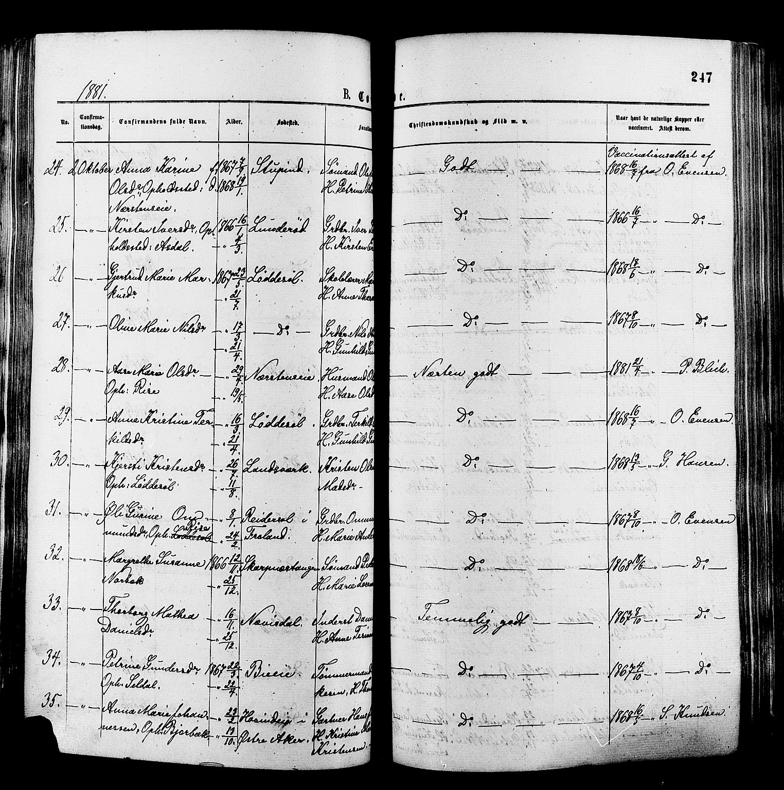 Øyestad sokneprestkontor, AV/SAK-1111-0049/F/Fa/L0016: Parish register (official) no. A 16, 1874-1886, p. 247