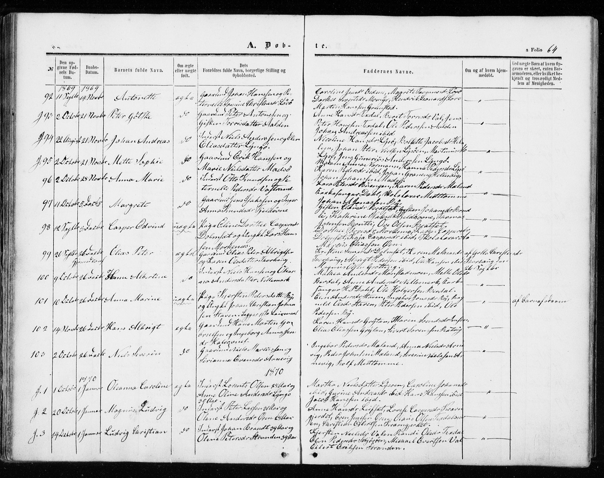 Ministerialprotokoller, klokkerbøker og fødselsregistre - Sør-Trøndelag, SAT/A-1456/655/L0678: Parish register (official) no. 655A07, 1861-1873, p. 64