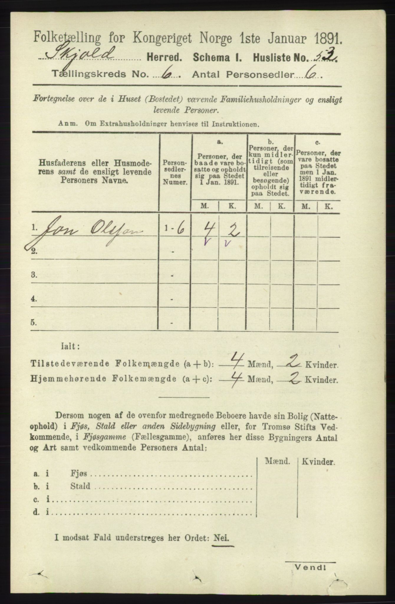 RA, 1891 census for 1154 Skjold, 1891, p. 1002