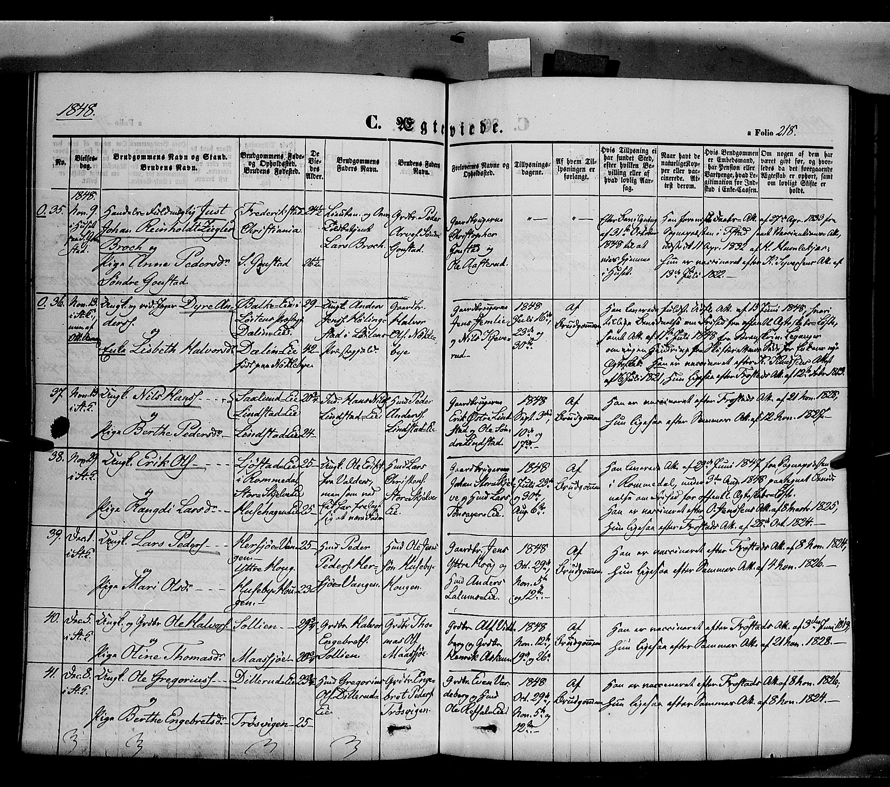 Stange prestekontor, SAH/PREST-002/K/L0011: Parish register (official) no. 11, 1846-1852, p. 218