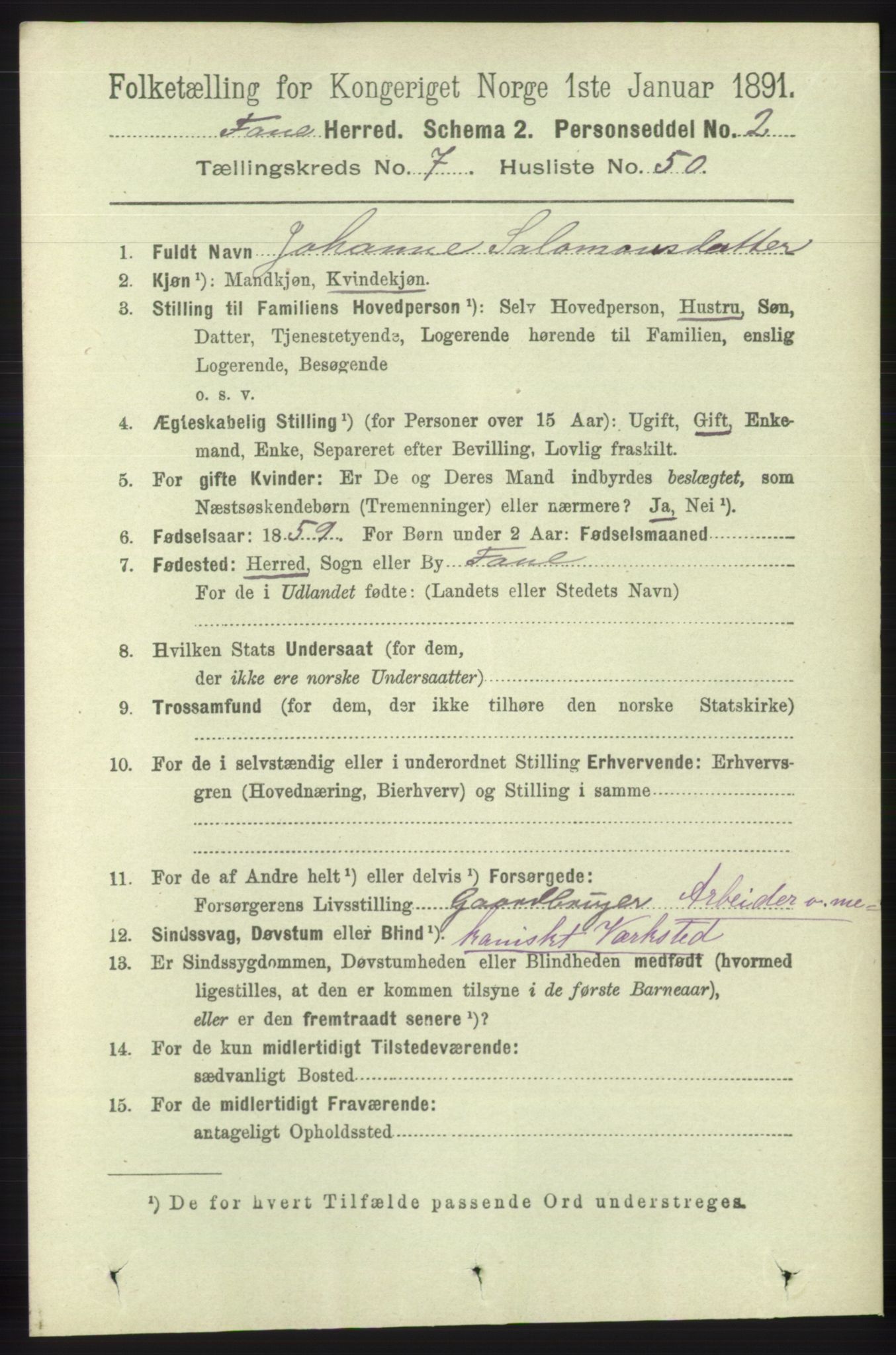 RA, 1891 census for 1249 Fana, 1891, p. 3281