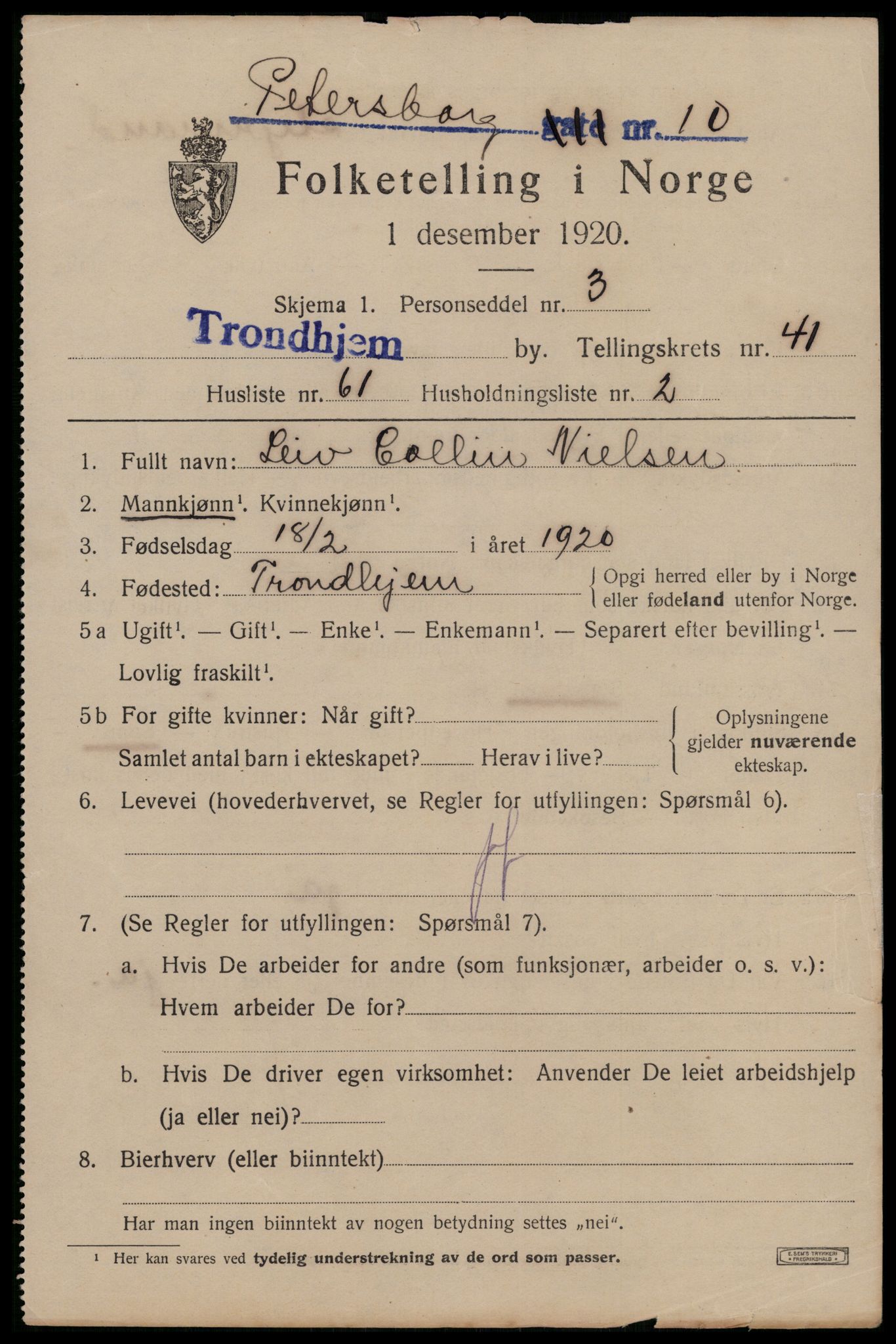 SAT, 1920 census for Trondheim, 1920, p. 92070