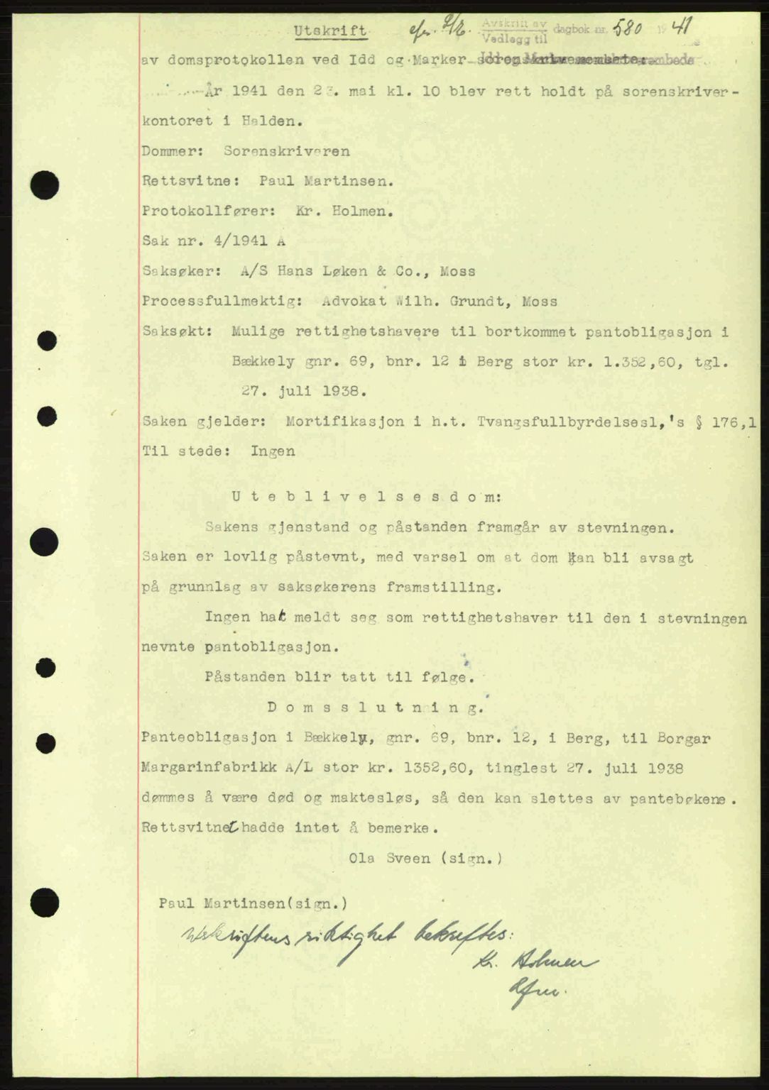 Idd og Marker sorenskriveri, AV/SAO-A-10283/G/Gb/Gbc/L0002: Mortgage book no. B4-9a, 1939-1945, Diary no: : 580/1941