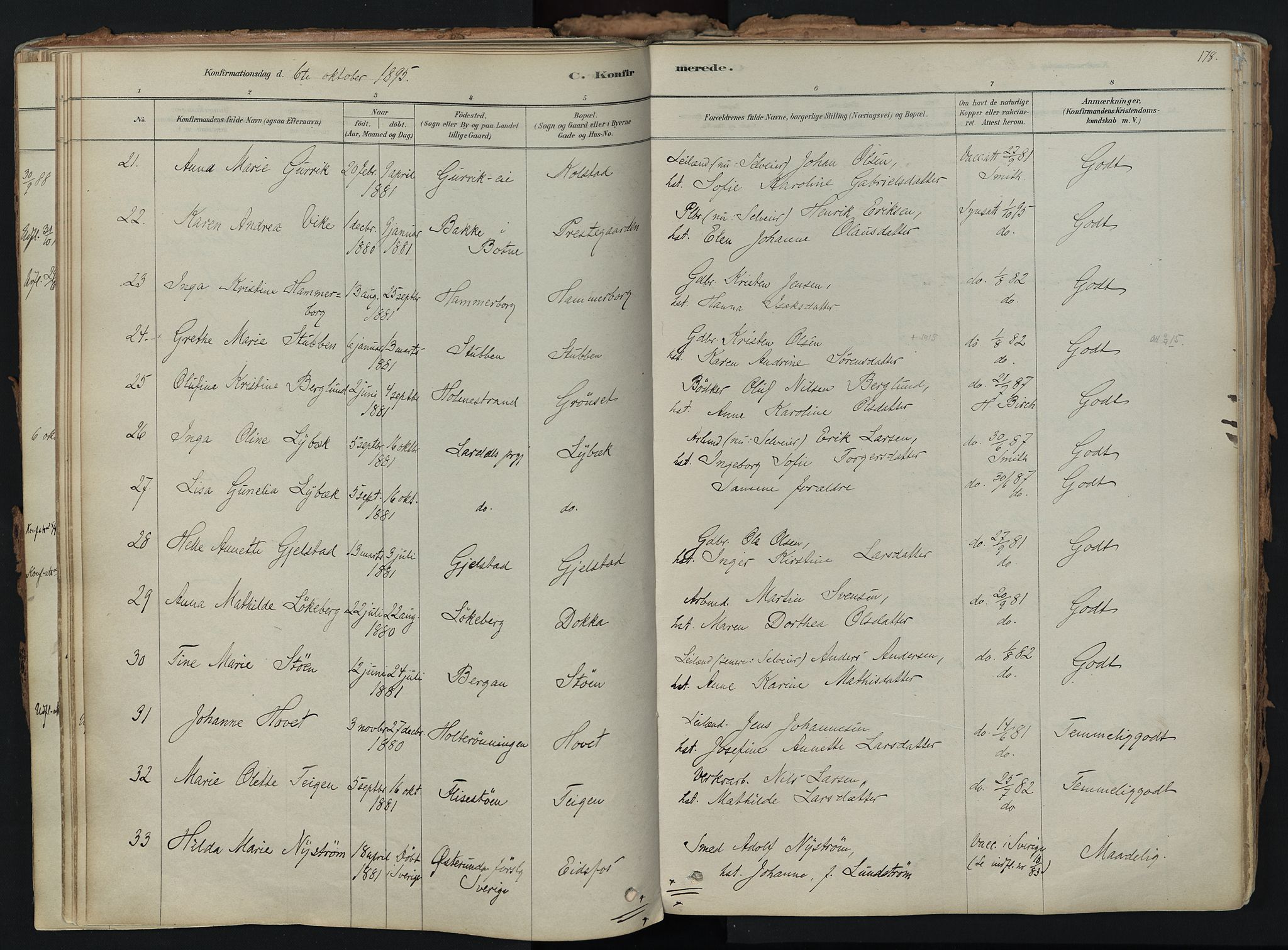 Hof kirkebøker, AV/SAKO-A-64/F/Fa/L0007: Parish register (official) no. I 7, 1878-1940, p. 178