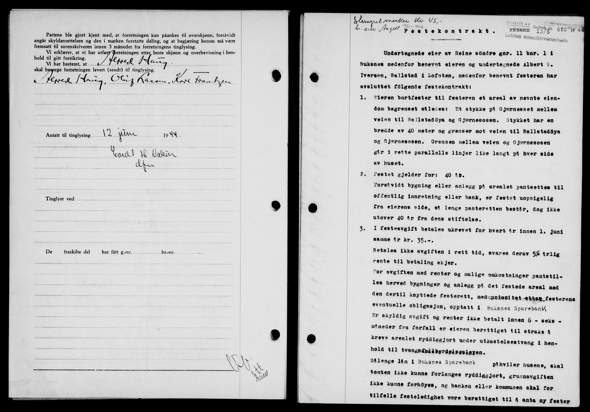 Lofoten sorenskriveri, SAT/A-0017/1/2/2C/L0012a: Mortgage book no. 12a, 1943-1944, Diary no: : 625/1944