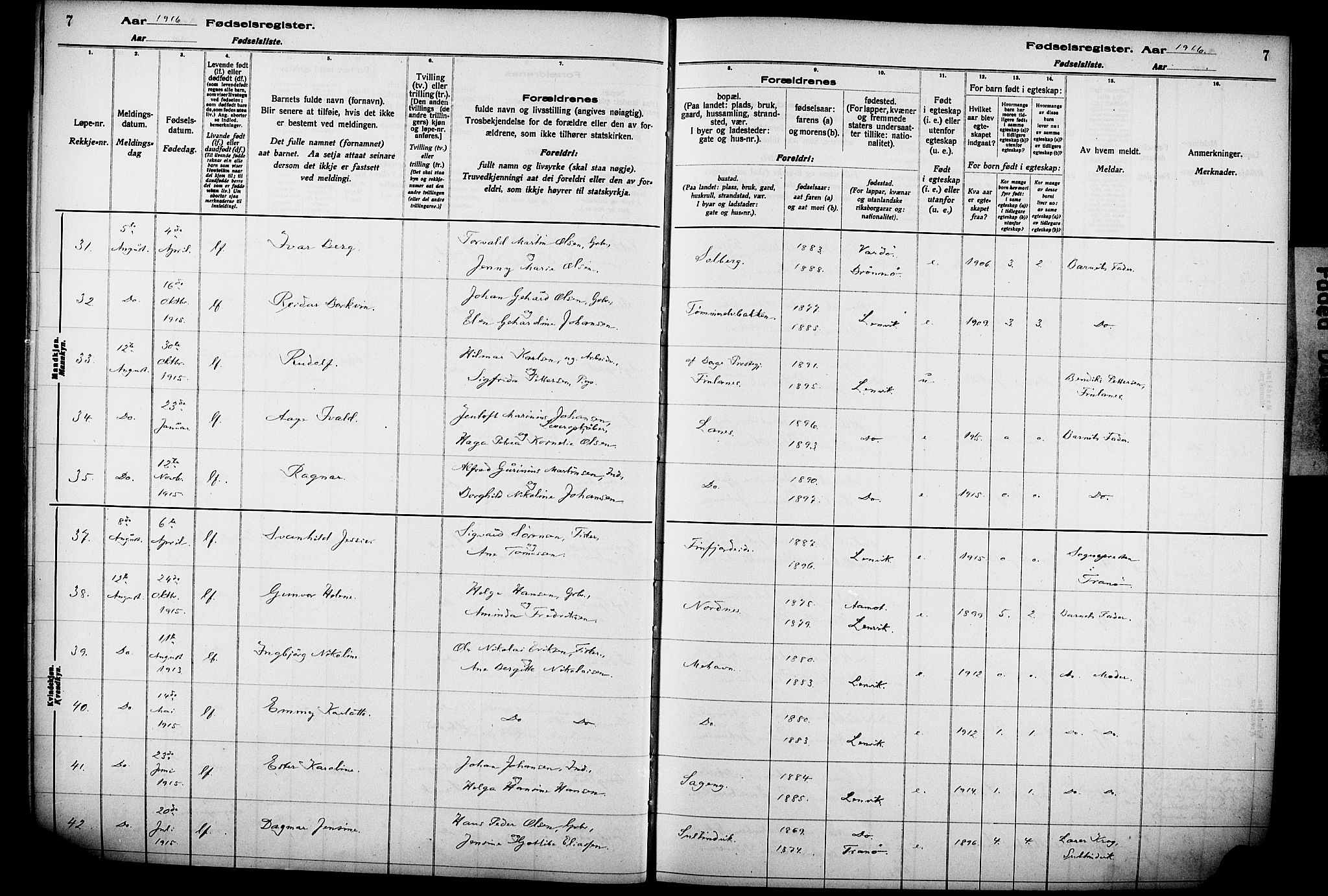 Lenvik sokneprestembete, AV/SATØ-S-1310/I/Ic/L0089: Birth register no. 89, 1916-1926, p. 7