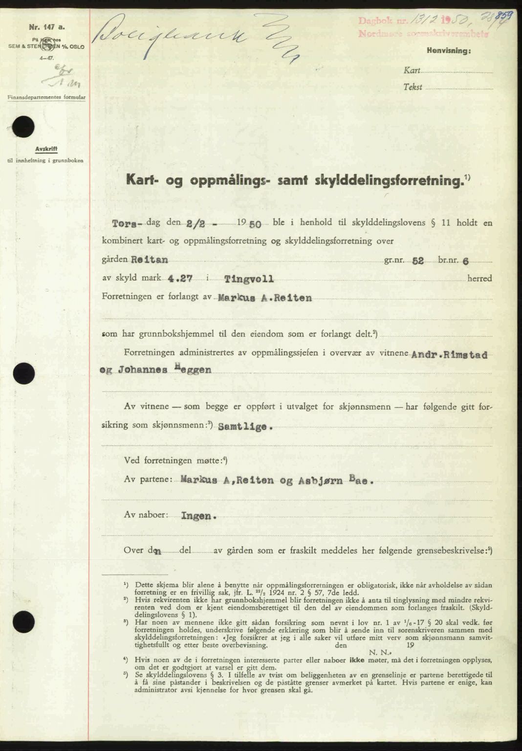 Nordmøre sorenskriveri, AV/SAT-A-4132/1/2/2Ca: Mortgage book no. A114, 1950-1950, Diary no: : 1312/1950