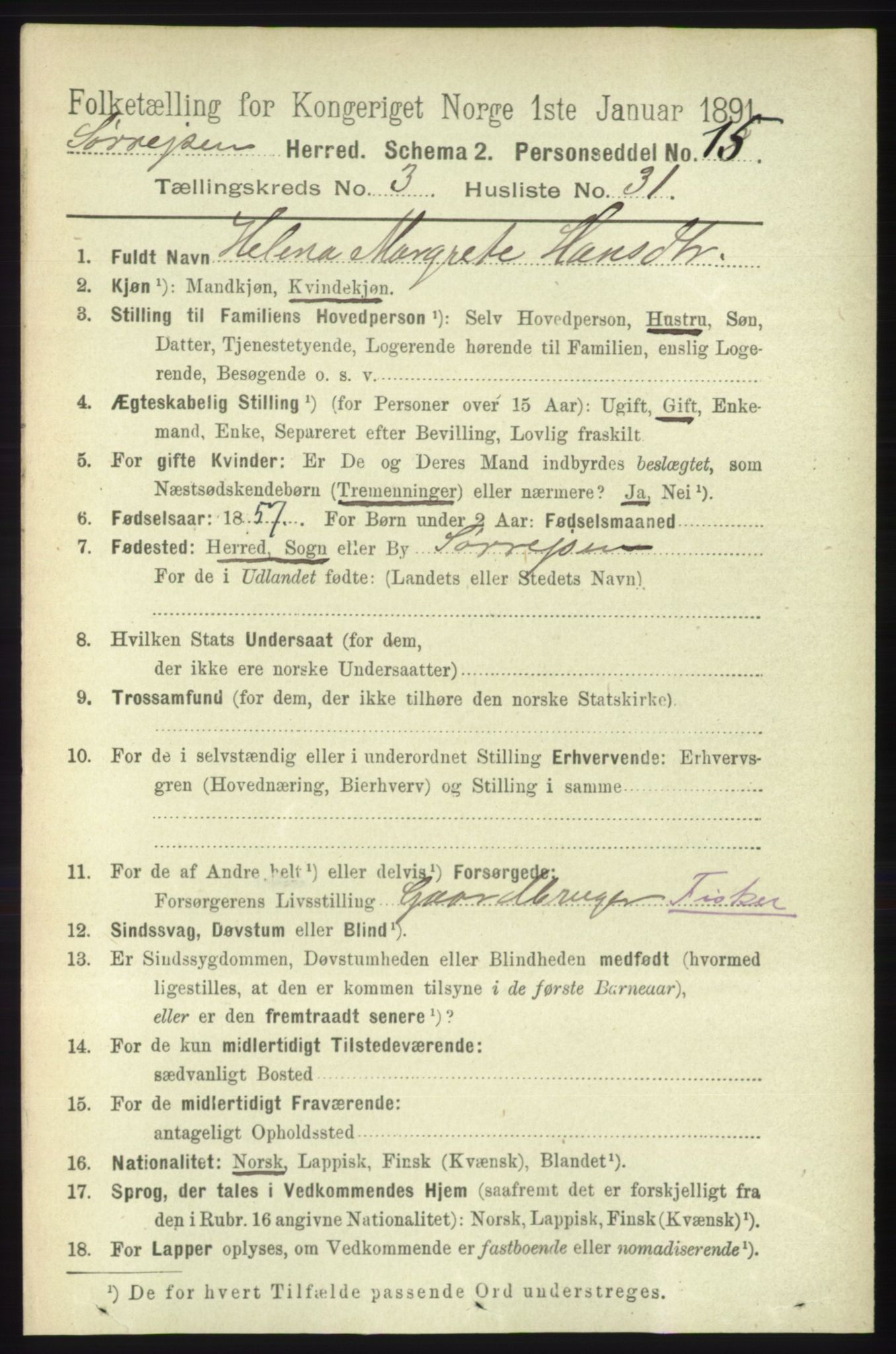 RA, 1891 census for 1925 Sørreisa, 1891, p. 954