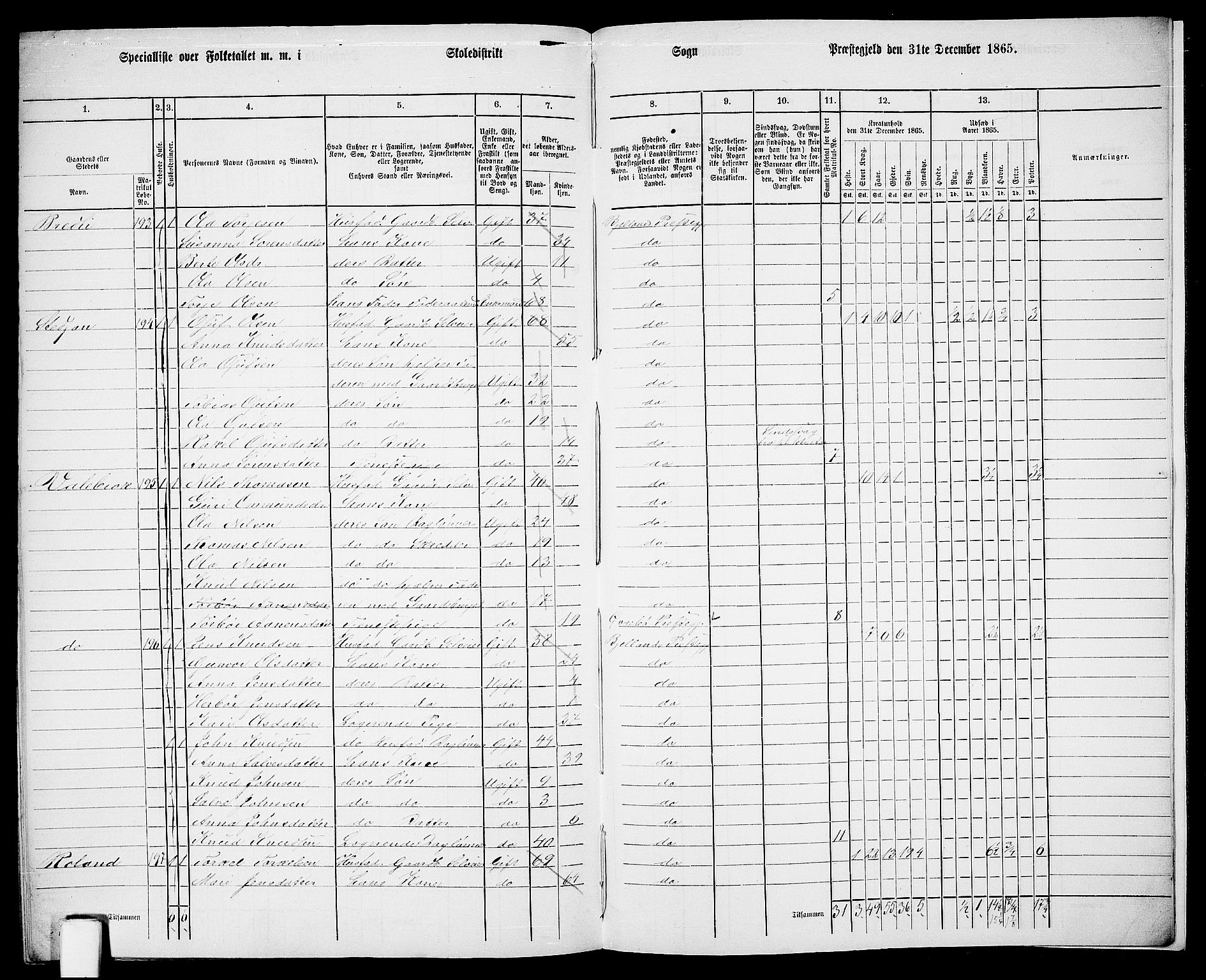 RA, 1865 census for Bjelland, 1865, p. 115