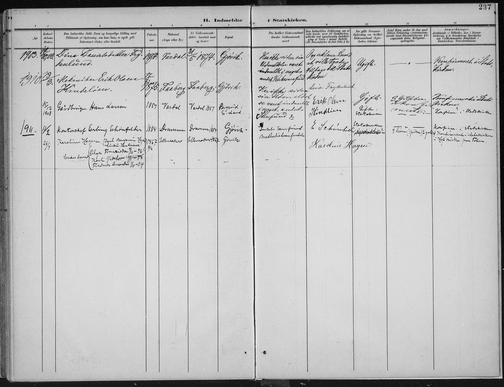 Vardal prestekontor, AV/SAH-PREST-100/H/Ha/Haa/L0013: Parish register (official) no. 13, 1901-1911, p. 237