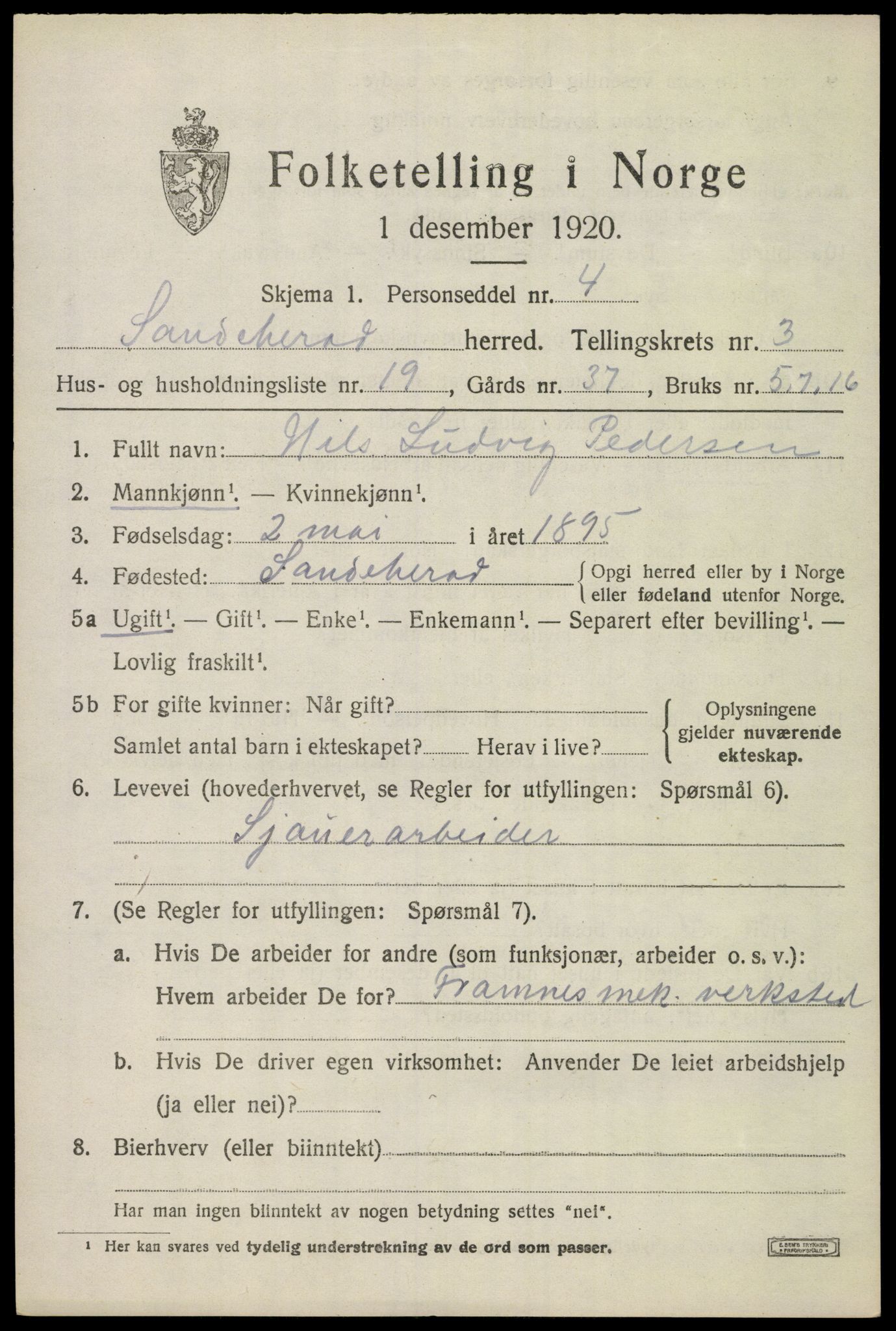 SAKO, 1920 census for Sandeherred, 1920, p. 5412