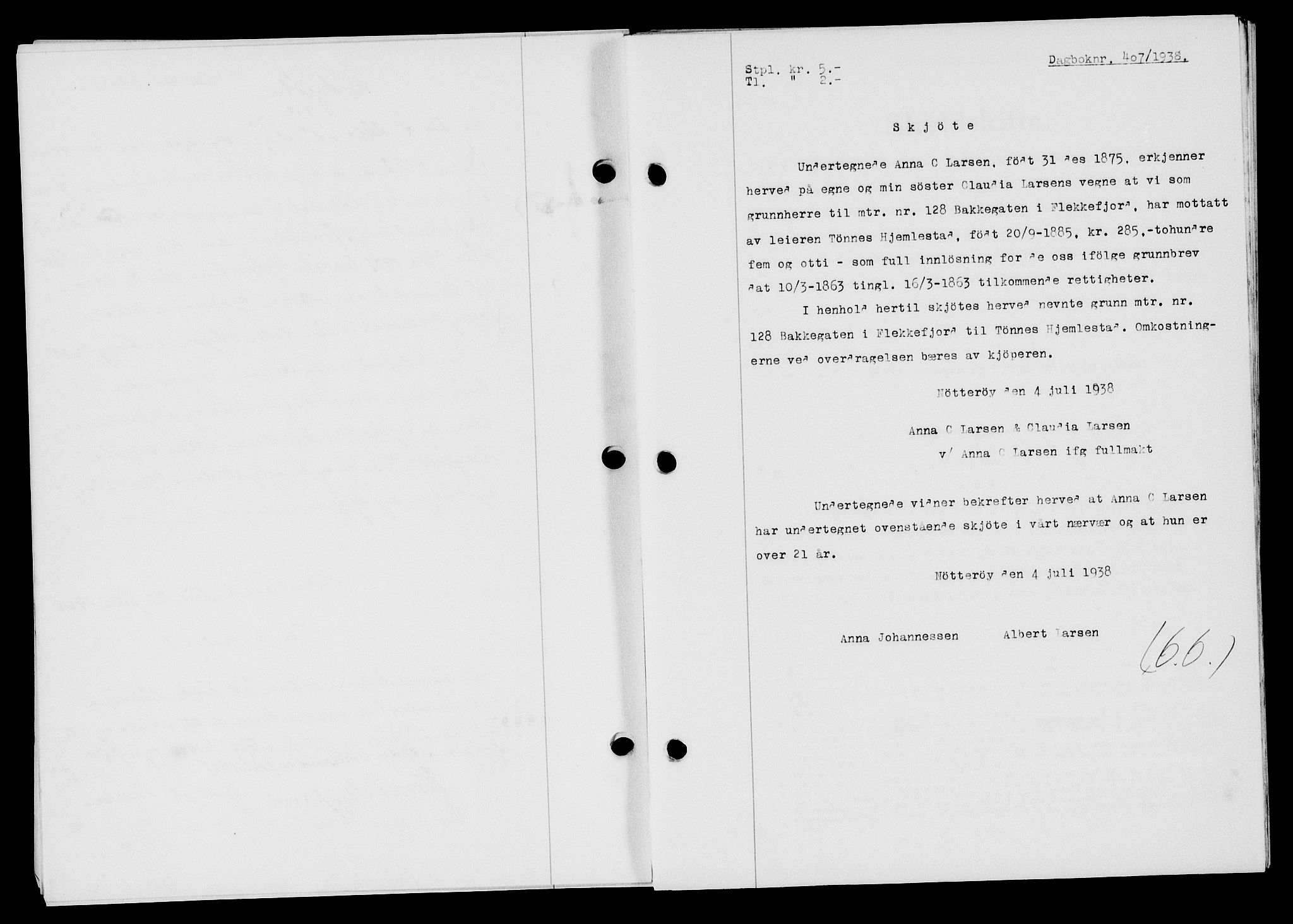 Flekkefjord sorenskriveri, SAK/1221-0001/G/Gb/Gba/L0054: Mortgage book no. A-2, 1937-1938, Diary no: : 407/1938