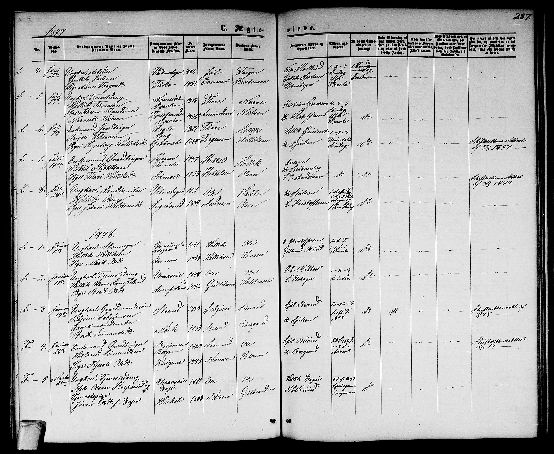 Flesberg kirkebøker, SAKO/A-18/G/Ga/L0003: Parish register (copy) no. I 3, 1861-1889, p. 287