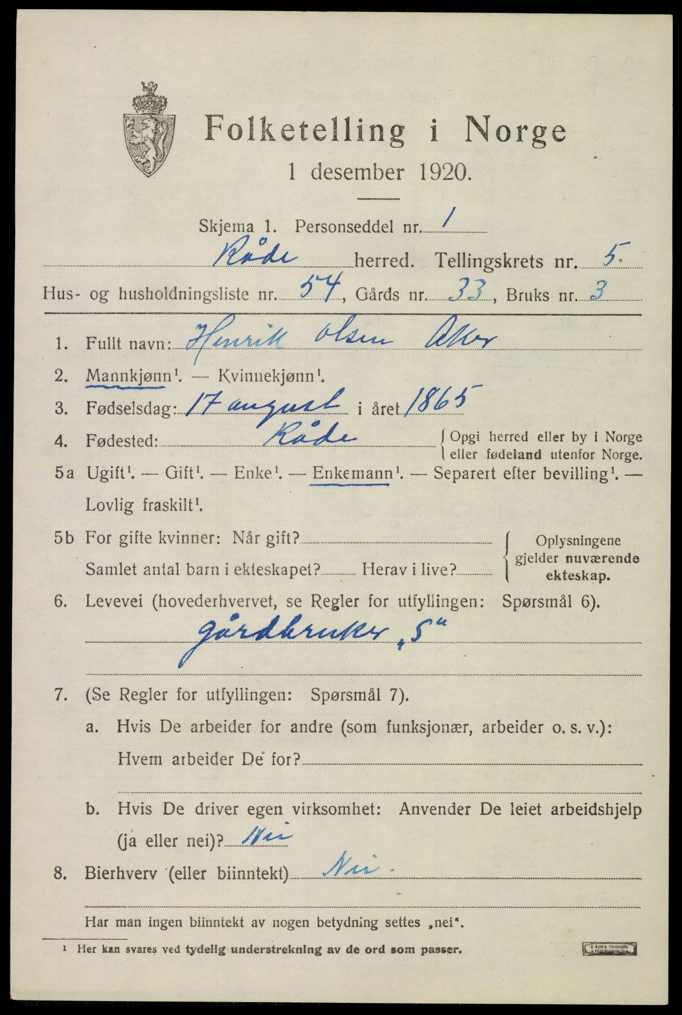 SAO, 1920 census for Råde, 1920, p. 5481