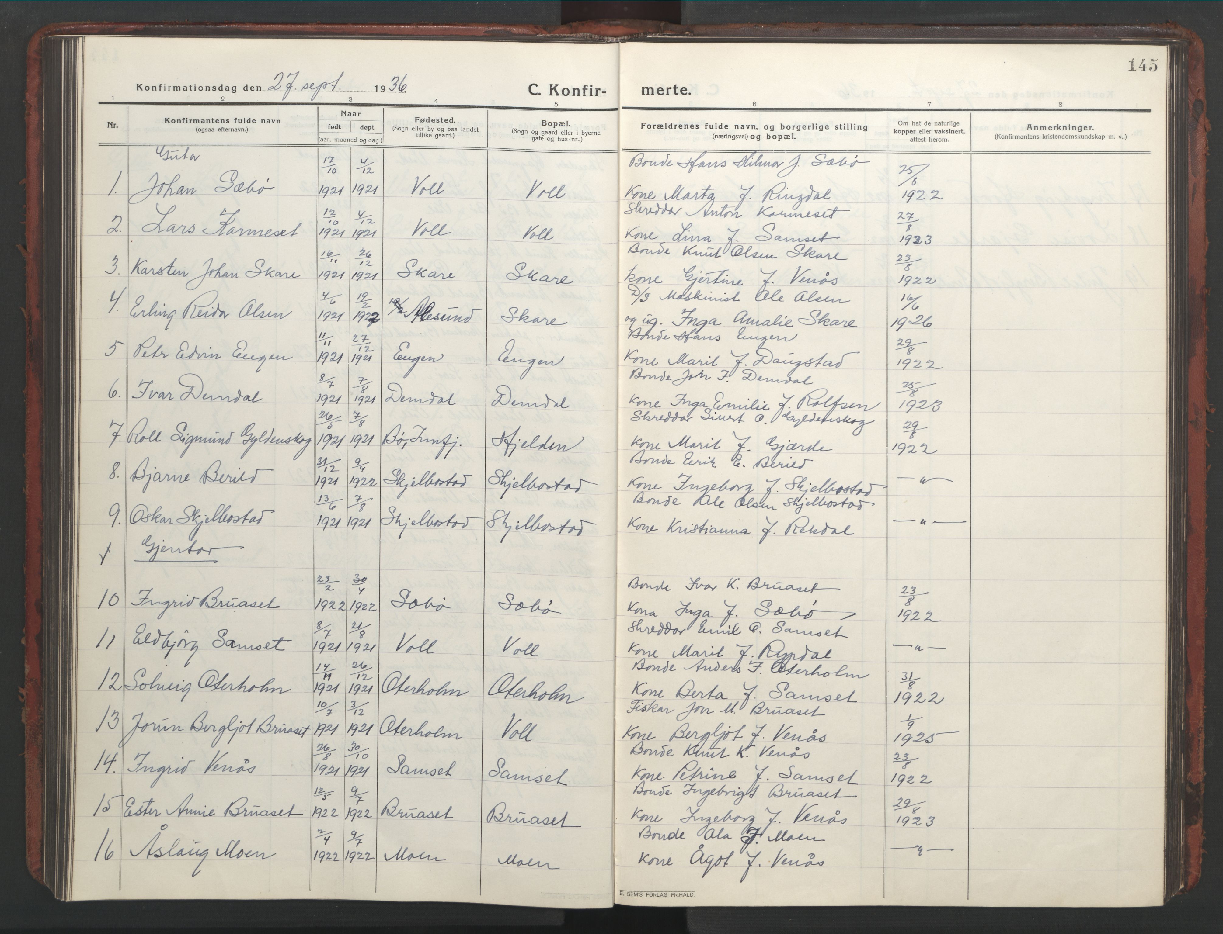 Ministerialprotokoller, klokkerbøker og fødselsregistre - Møre og Romsdal, AV/SAT-A-1454/543/L0565: Parish register (copy) no. 543C03, 1916-1955, p. 145