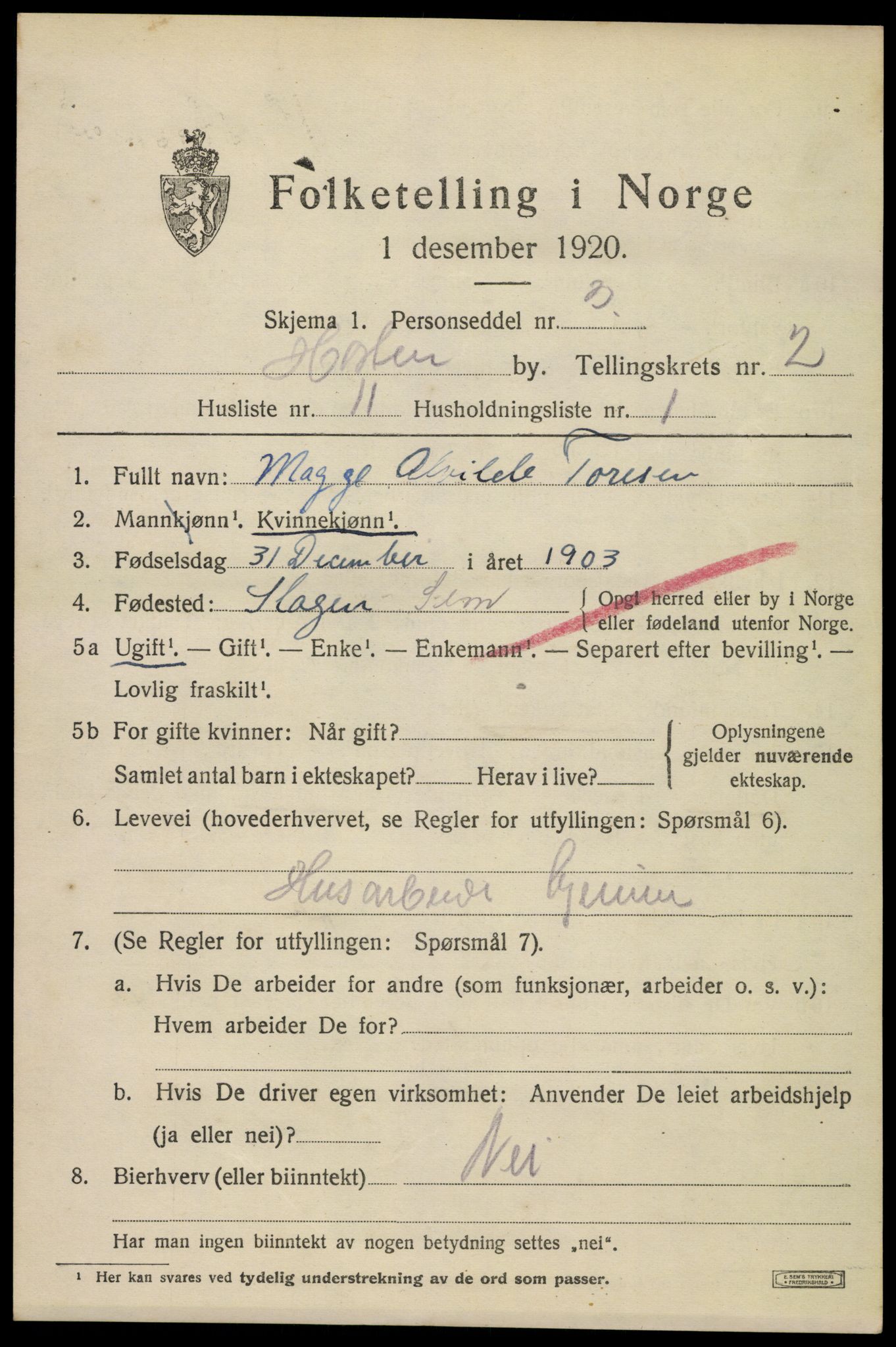 SAKO, 1920 census for Horten, 1920, p. 10335