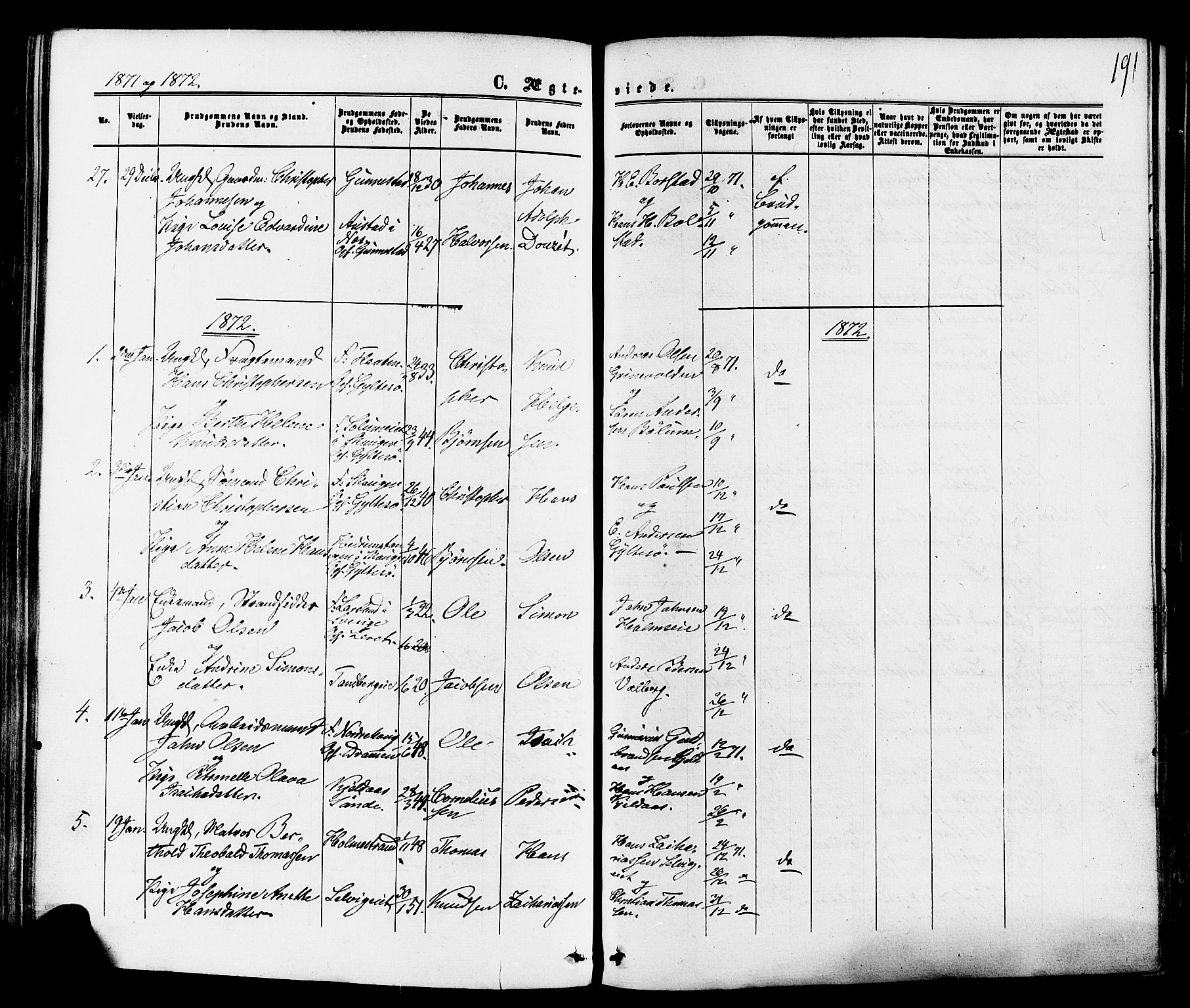 Sande Kirkebøker, SAKO/A-53/F/Fa/L0005: Parish register (official) no. 5, 1865-1877, p. 191