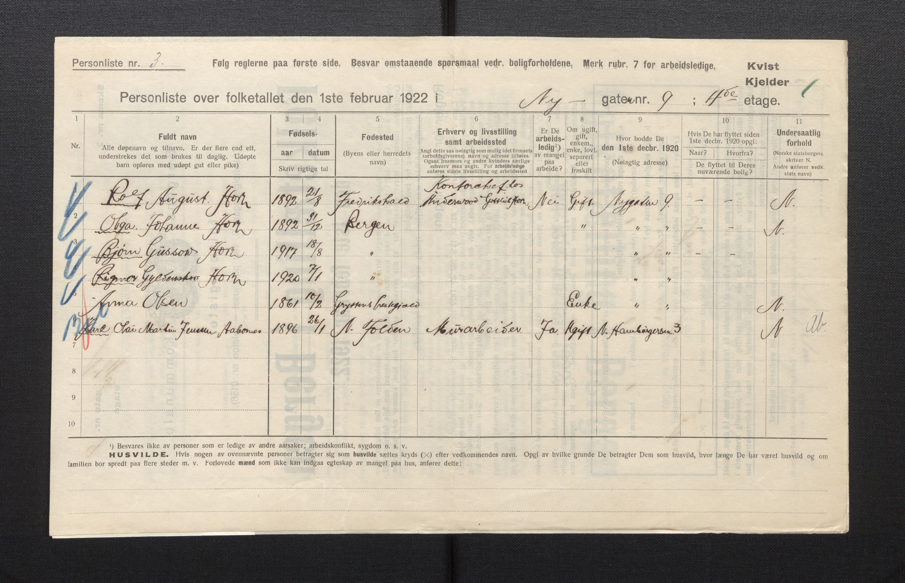 SAB, Municipal Census 1922 for Bergen, 1922, p. 29187