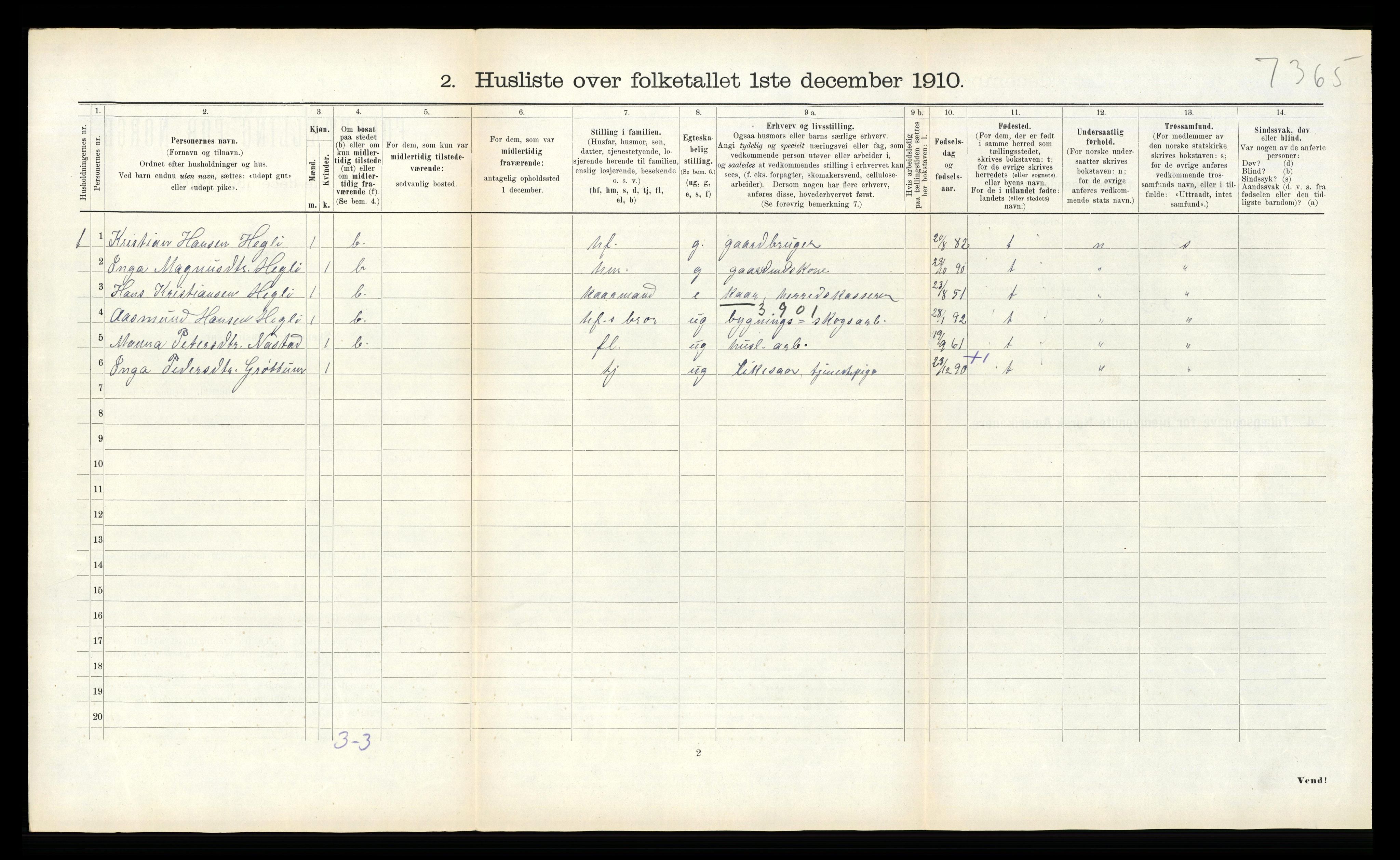 RA, 1910 census for Kvam, 1910, p. 184