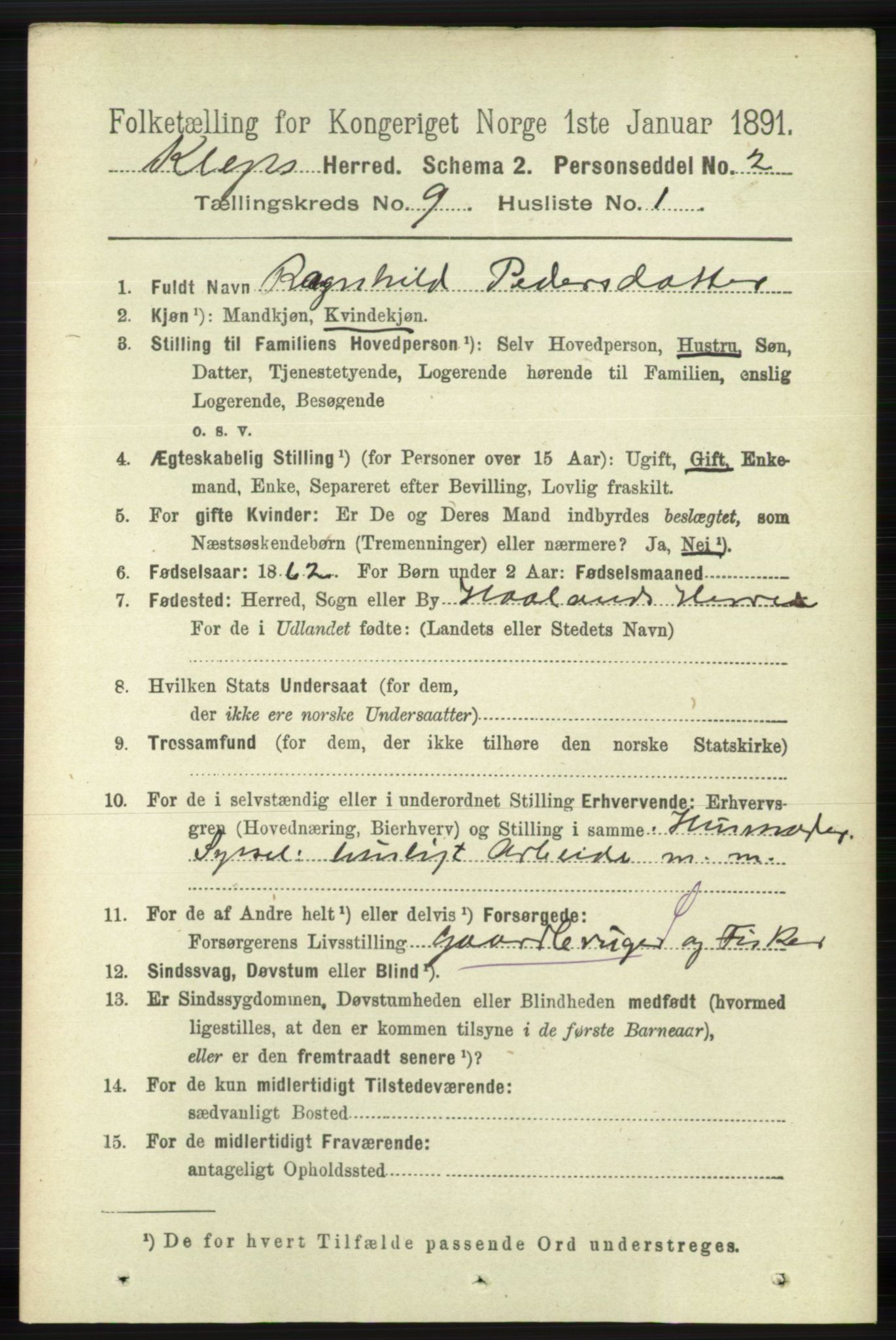 RA, 1891 census for 1120 Klepp, 1891, p. 2726