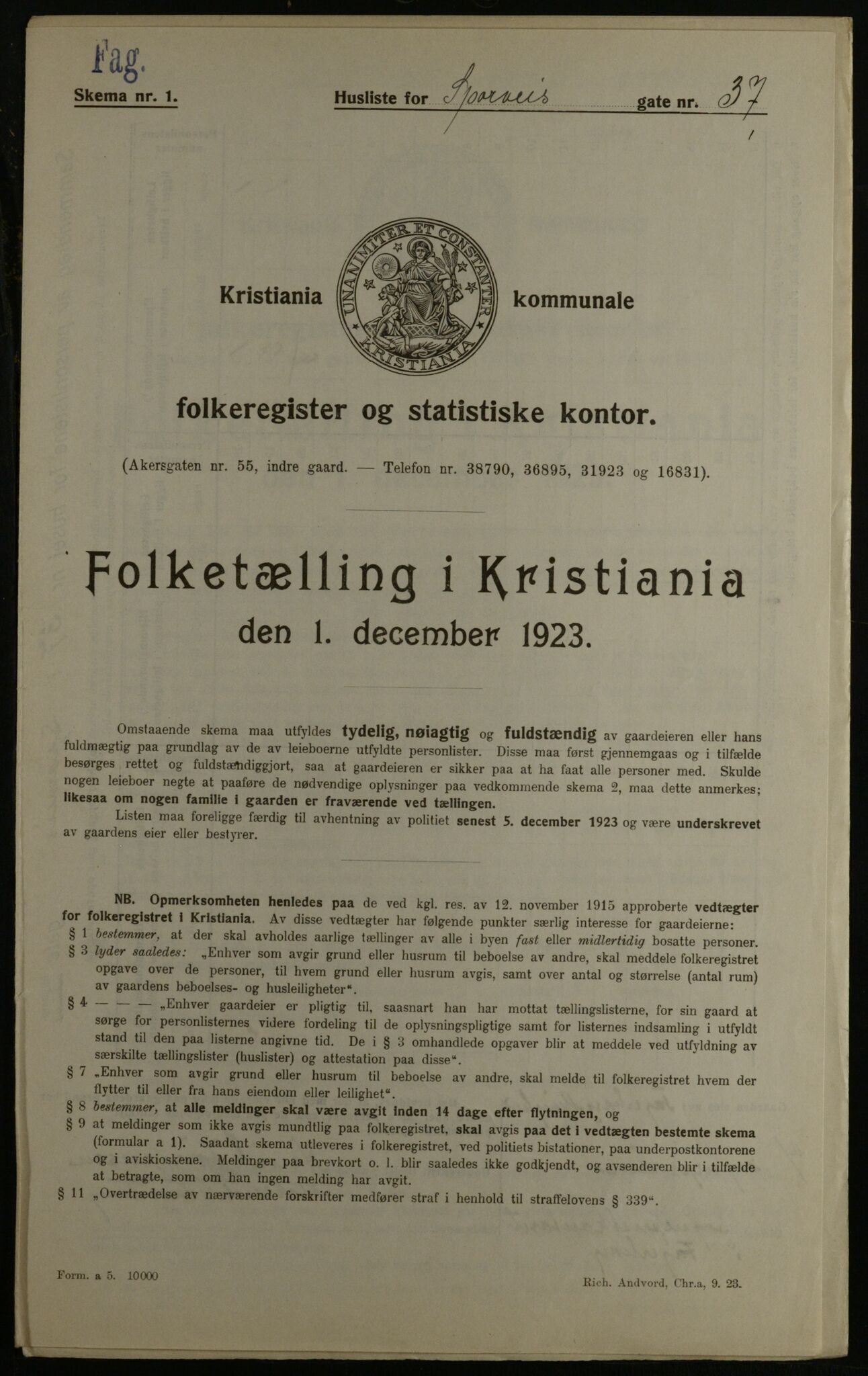 OBA, Municipal Census 1923 for Kristiania, 1923, p. 111137