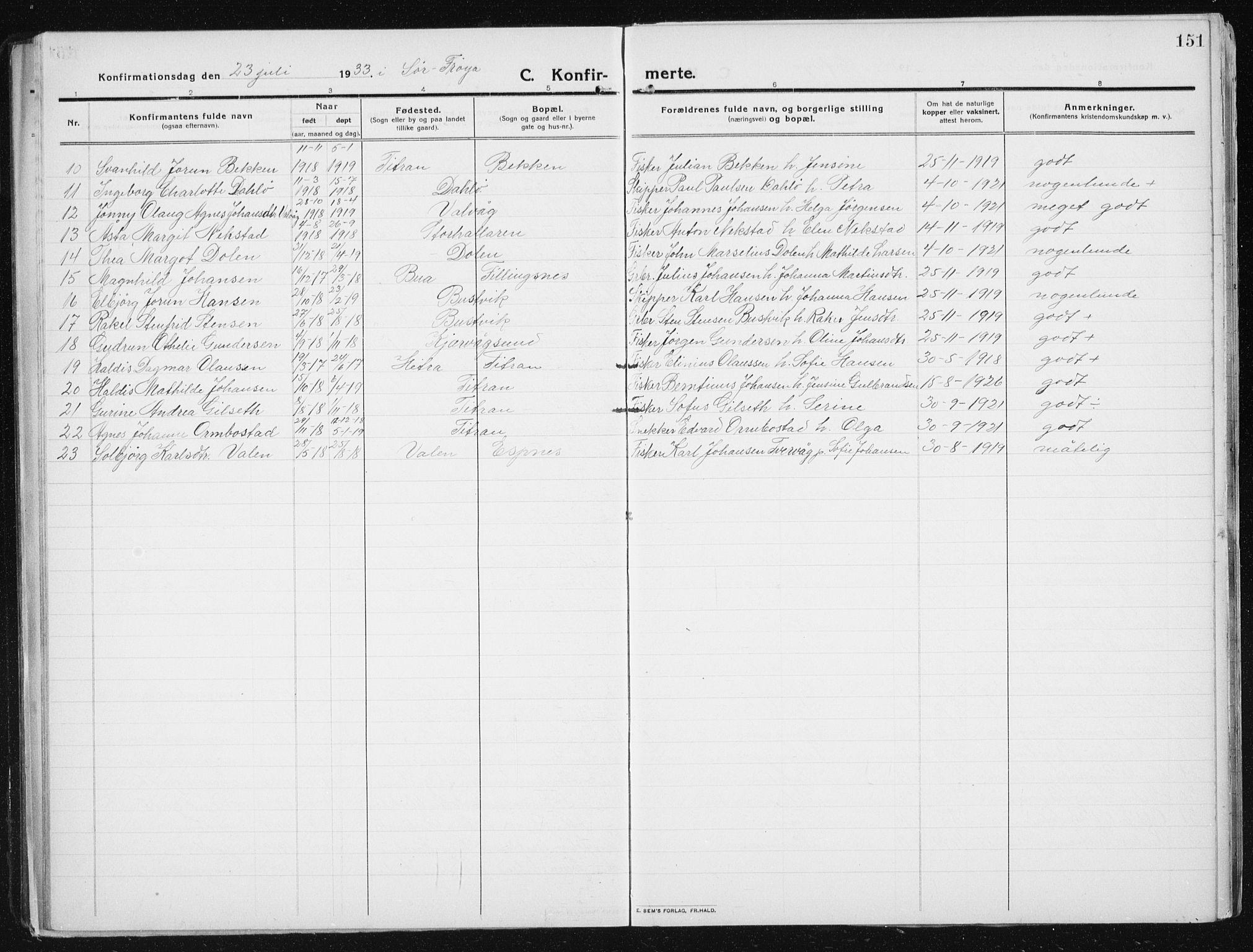 Ministerialprotokoller, klokkerbøker og fødselsregistre - Sør-Trøndelag, SAT/A-1456/641/L0599: Parish register (copy) no. 641C03, 1910-1938, p. 151