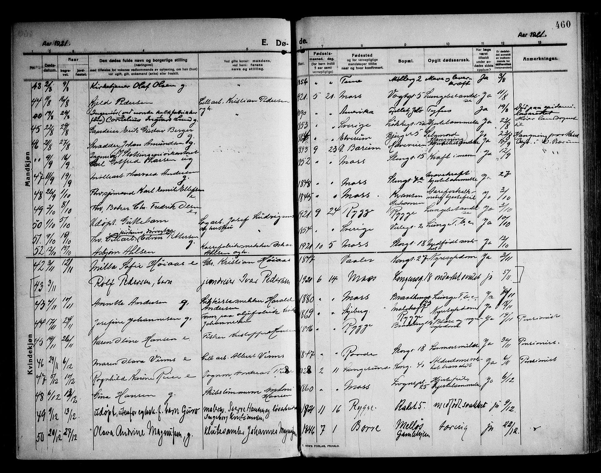 Moss prestekontor Kirkebøker, AV/SAO-A-2003/F/Fb/L0005: Parish register (official) no. II 5, 1913-1923, p. 460