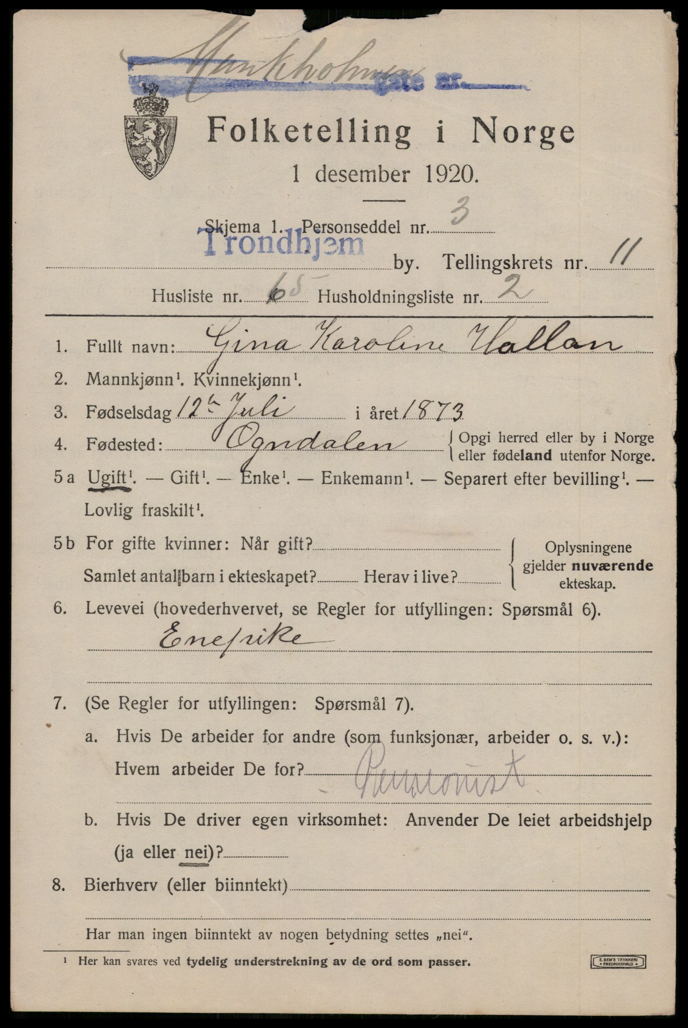 SAT, 1920 census for Trondheim, 1920, p. 56676