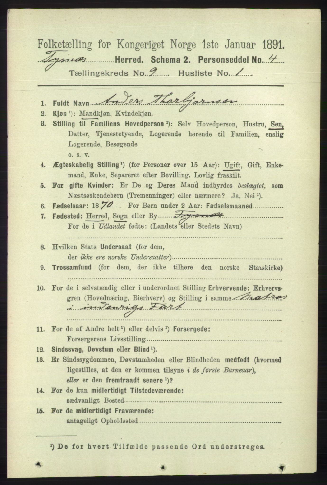 RA, 1891 census for 1223 Tysnes, 1891, p. 4243