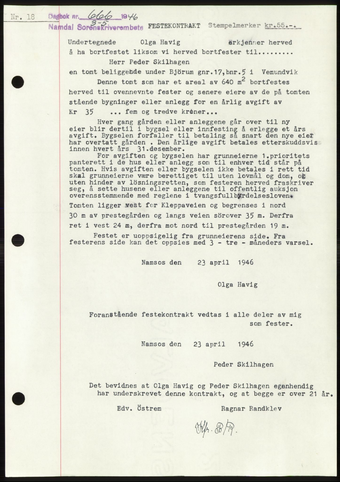 Namdal sorenskriveri, AV/SAT-A-4133/1/2/2C: Mortgage book no. -, 1946-1946, Diary no: : 666/1946