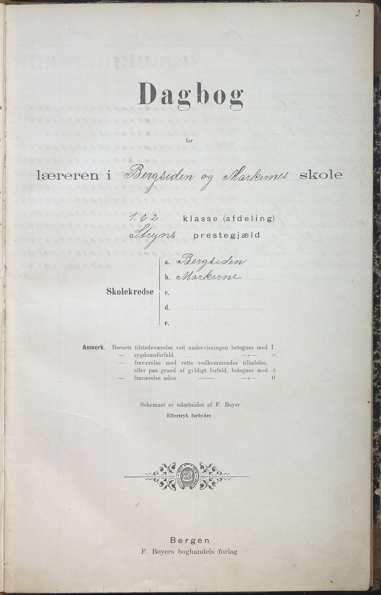 Stryn kommune. Bergsida skule, VLFK/K-14491.520.11/543/L0005: dagbok for Bergsida skule og Markane skule, 1903-1920