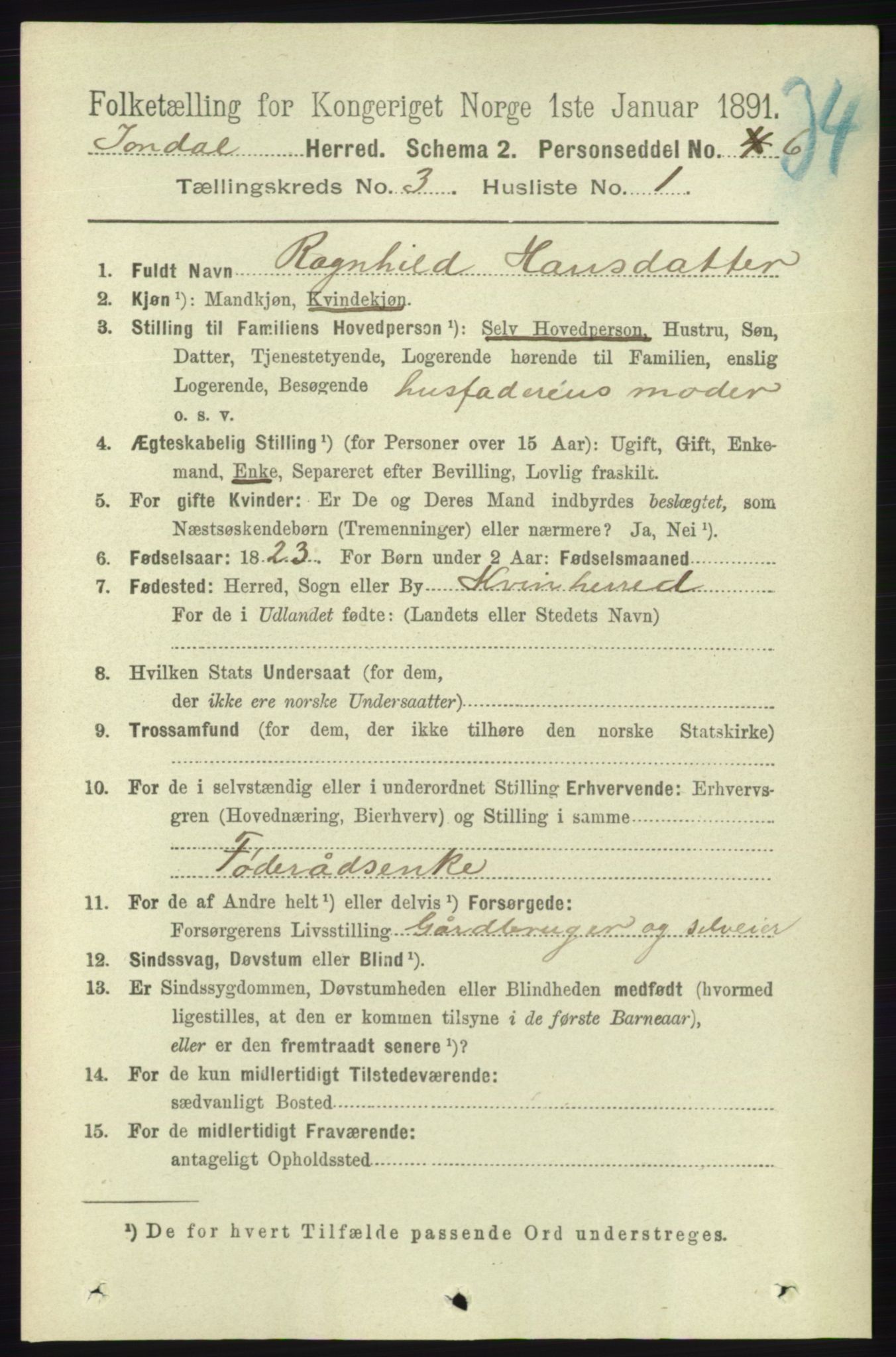 RA, 1891 census for 1227 Jondal, 1891, p. 1305