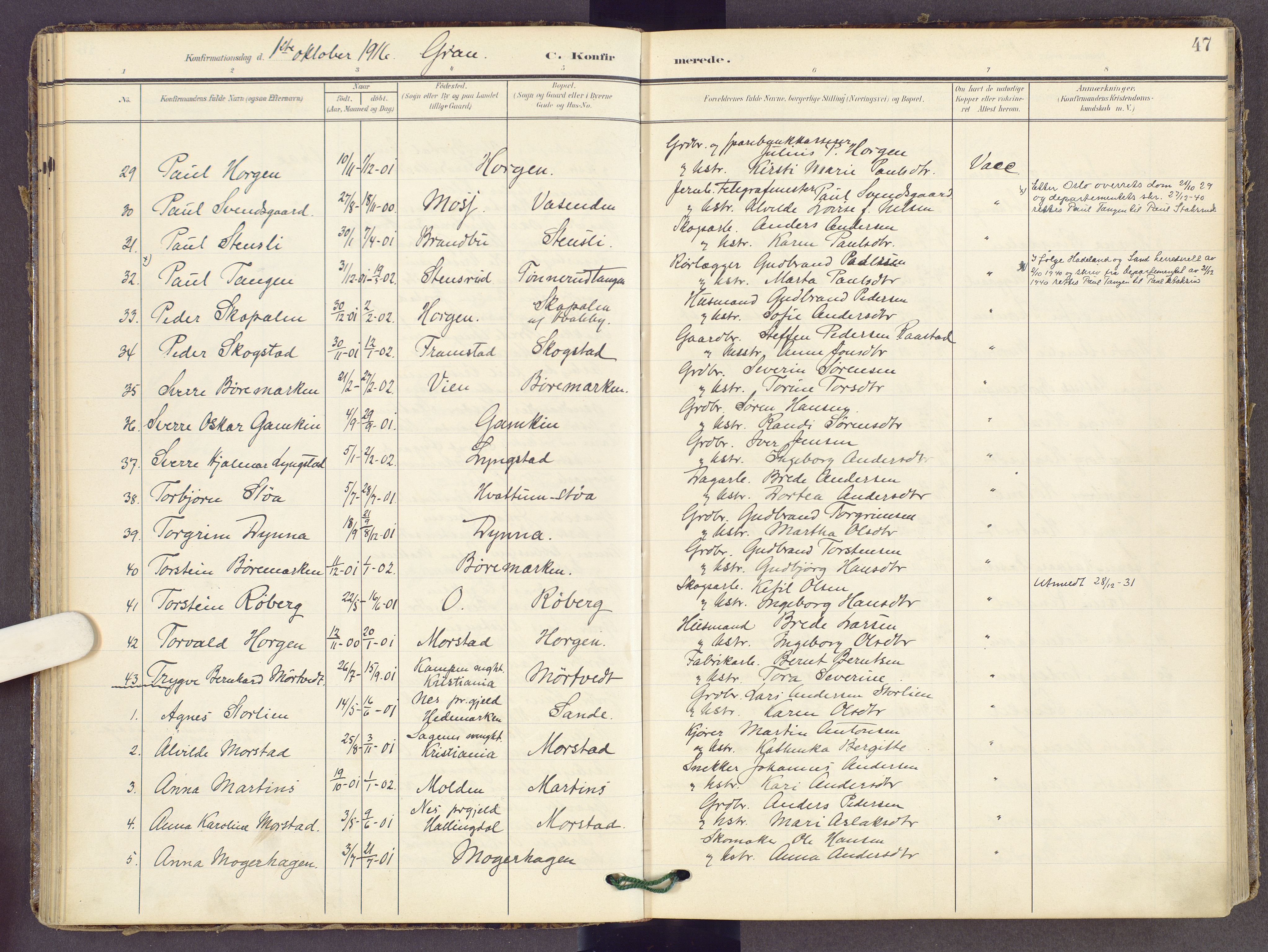 Gran prestekontor, SAH/PREST-112/H/Ha/Haa/L0022: Parish register (official) no. 22, 1908-1918, p. 47