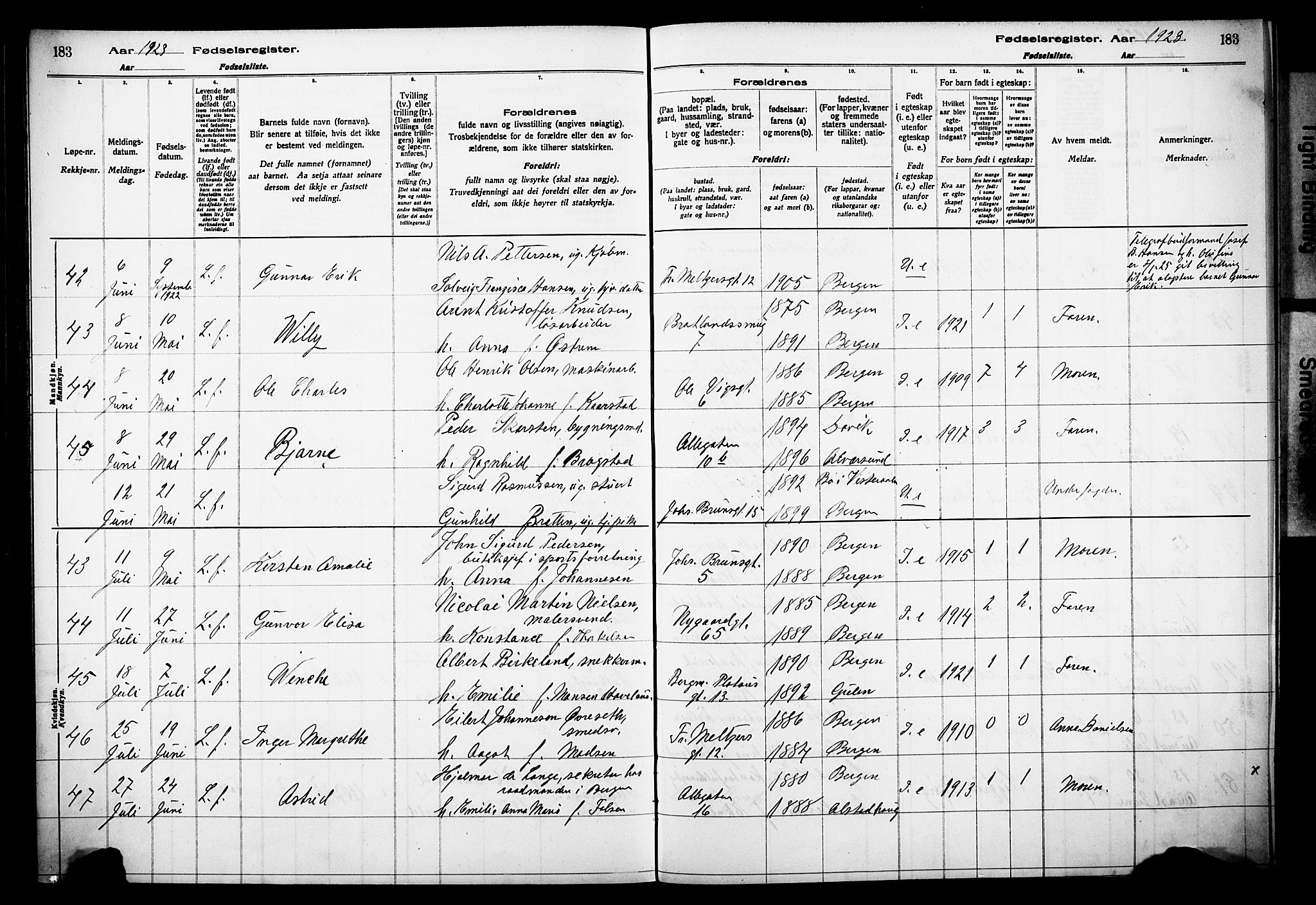 Johanneskirken sokneprestembete, AV/SAB-A-76001/I/Id/L00A1: Birth register no. A 1, 1916-1924, p. 183