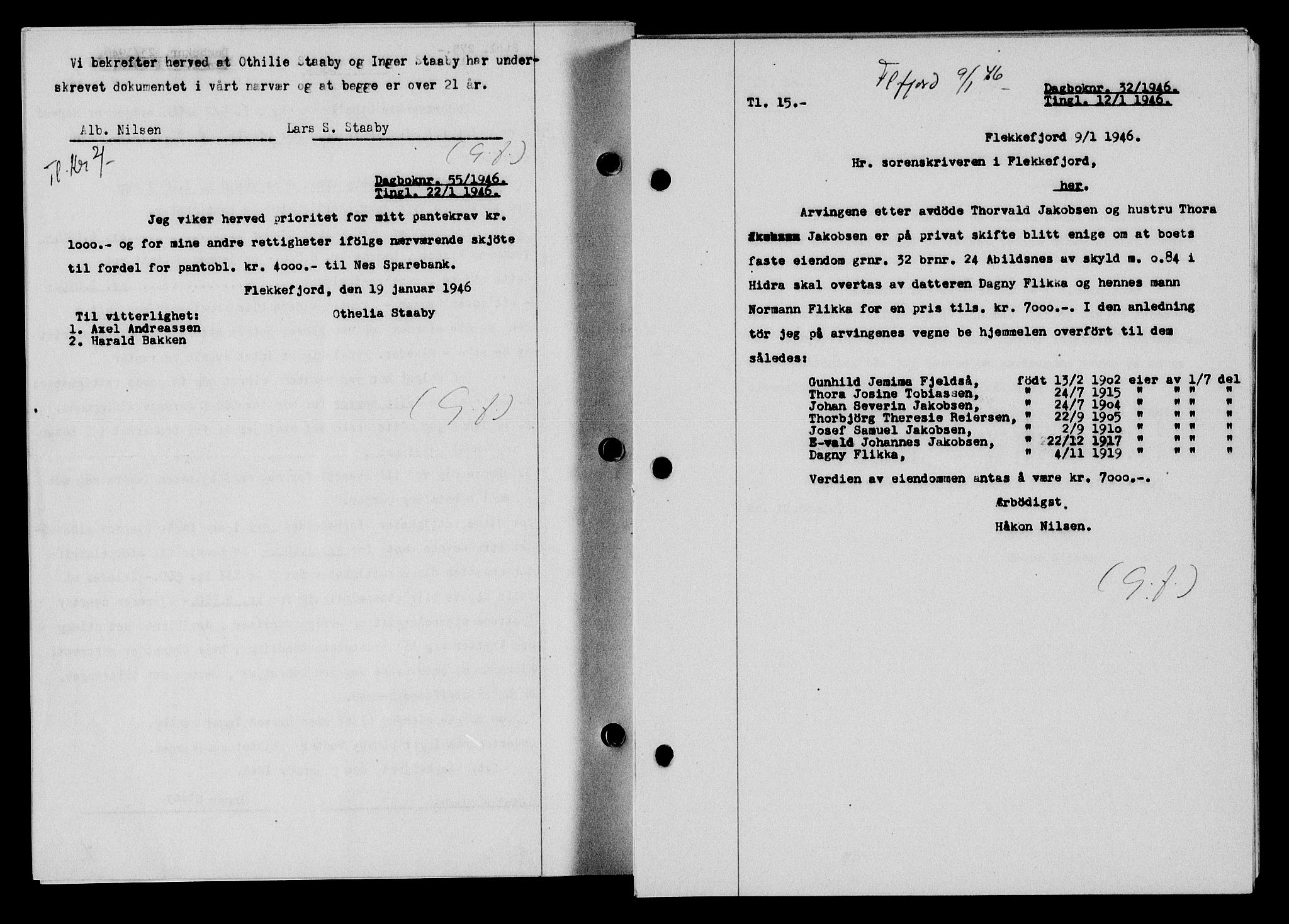 Flekkefjord sorenskriveri, SAK/1221-0001/G/Gb/Gba/L0060: Mortgage book no. A-8, 1945-1946, Diary no: : 32/1946