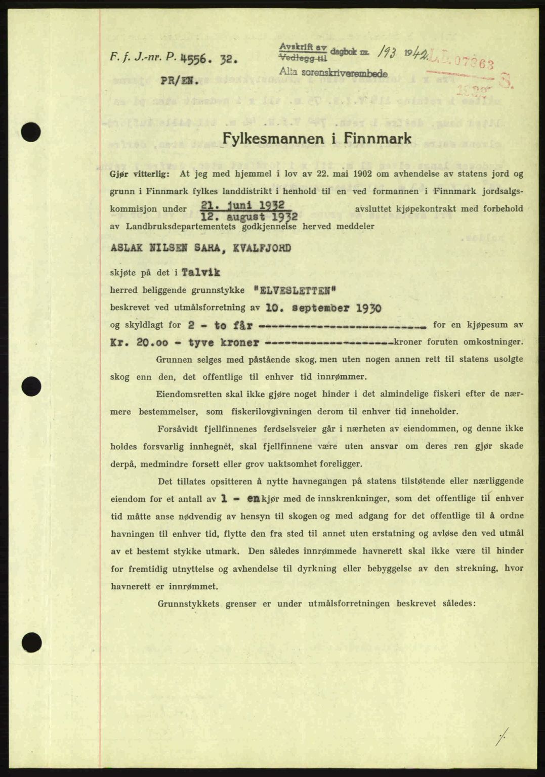 Alta fogderi/sorenskriveri, SATØ/SATØ-5/1/K/Kd/L0033pantebok: Mortgage book no. 33, 1940-1943, Diary no: : 193/1942