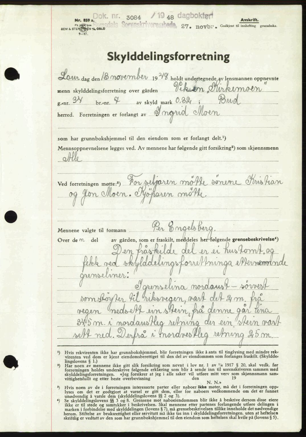 Romsdal sorenskriveri, AV/SAT-A-4149/1/2/2C: Mortgage book no. A27, 1948-1948, Diary no: : 3084/1948