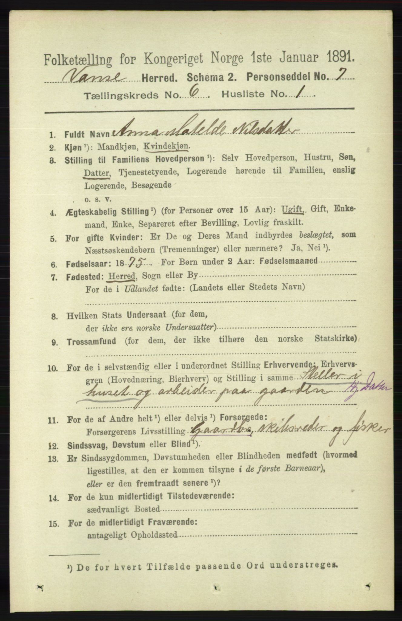 RA, 1891 census for 1041 Vanse, 1891, p. 3499