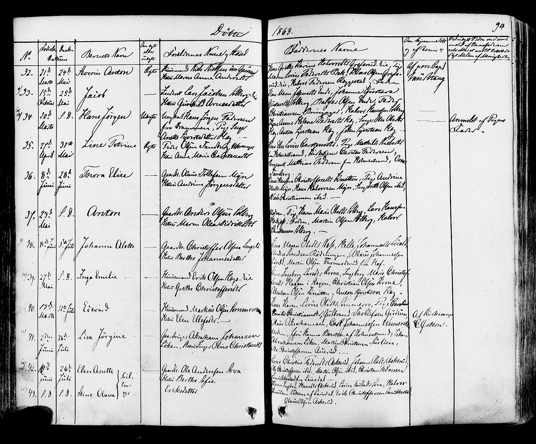 Botne kirkebøker, AV/SAKO-A-340/F/Fa/L0006: Parish register (official) no. I 6, 1836-1877, p. 94