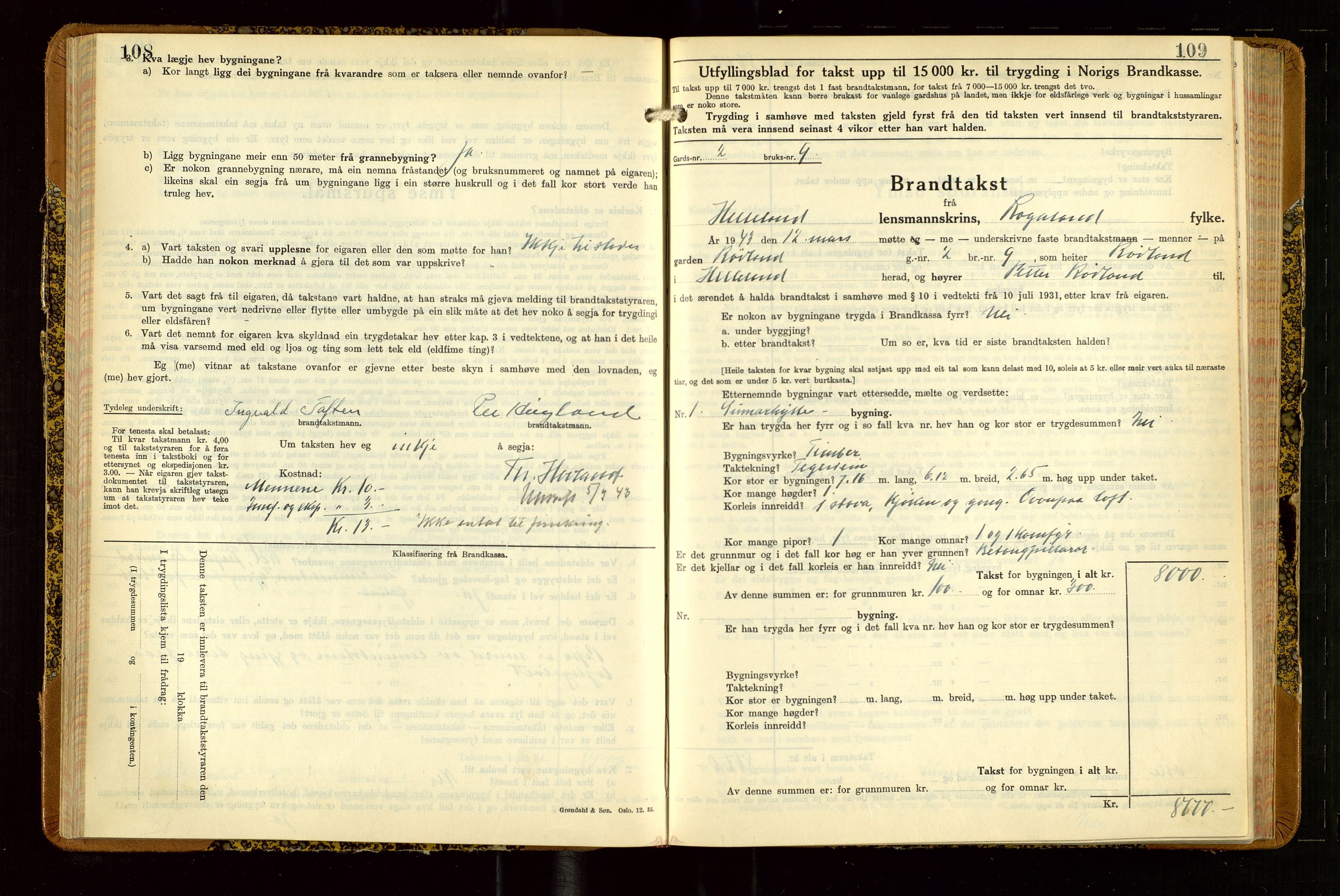 Helleland lensmannskontor, SAST/A-100209/Gob/L0004: "Brandtakstbok", 1939-1949, p. 108-109