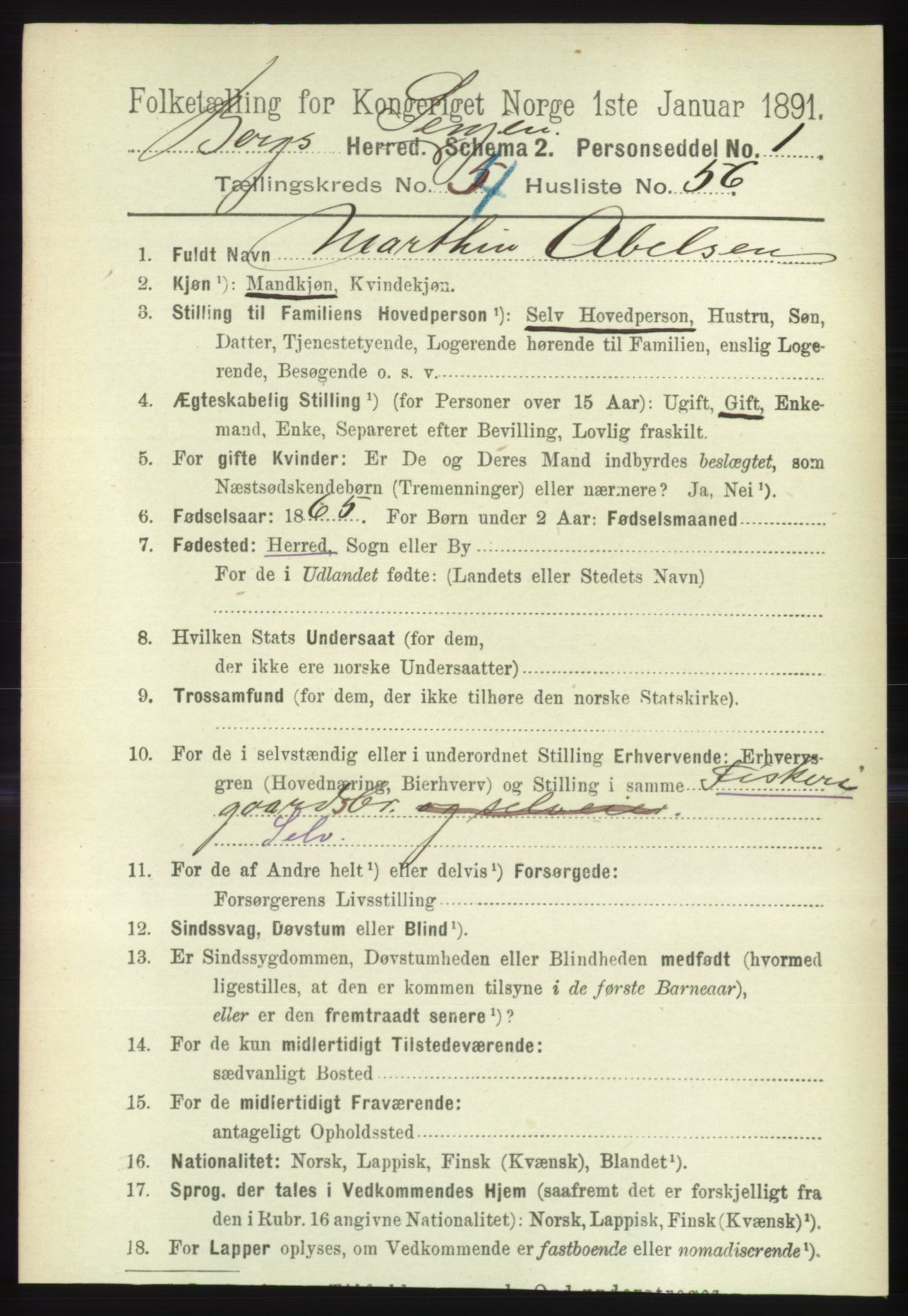 RA, 1891 census for 1929 Berg, 1891, p. 2039