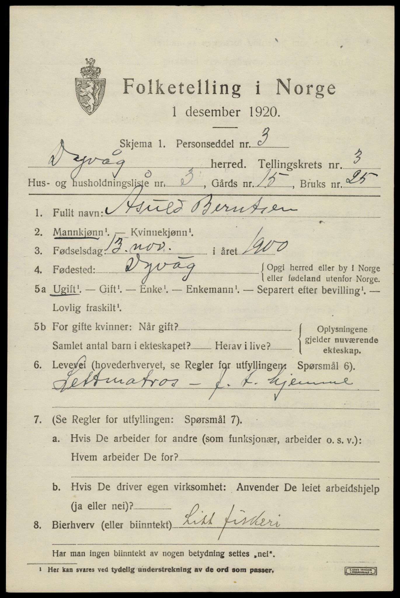 SAK, 1920 census for Dypvåg, 1920, p. 2307